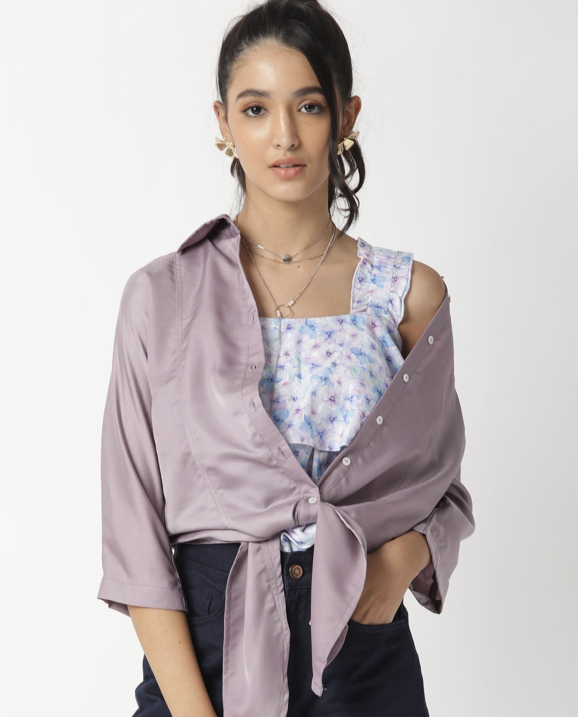 Rareism Women Euro Light Purple Polyester Fabric Tailored Fit Shirt Collar 3/4Th Sleeves Solid Top