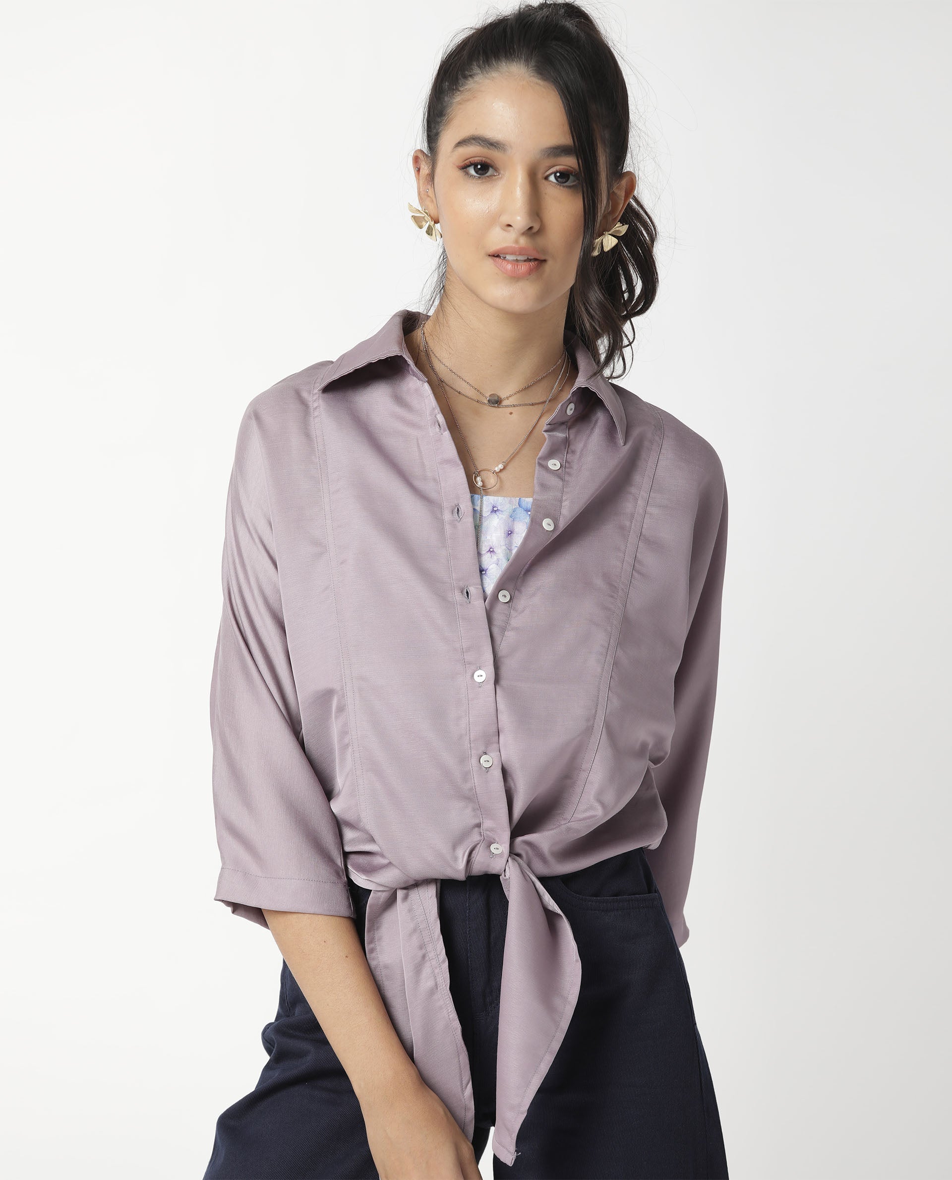 Rareism Women Euro Light Purple Polyester Fabric Tailored Fit Shirt Collar 3/4Th Sleeves Solid Top