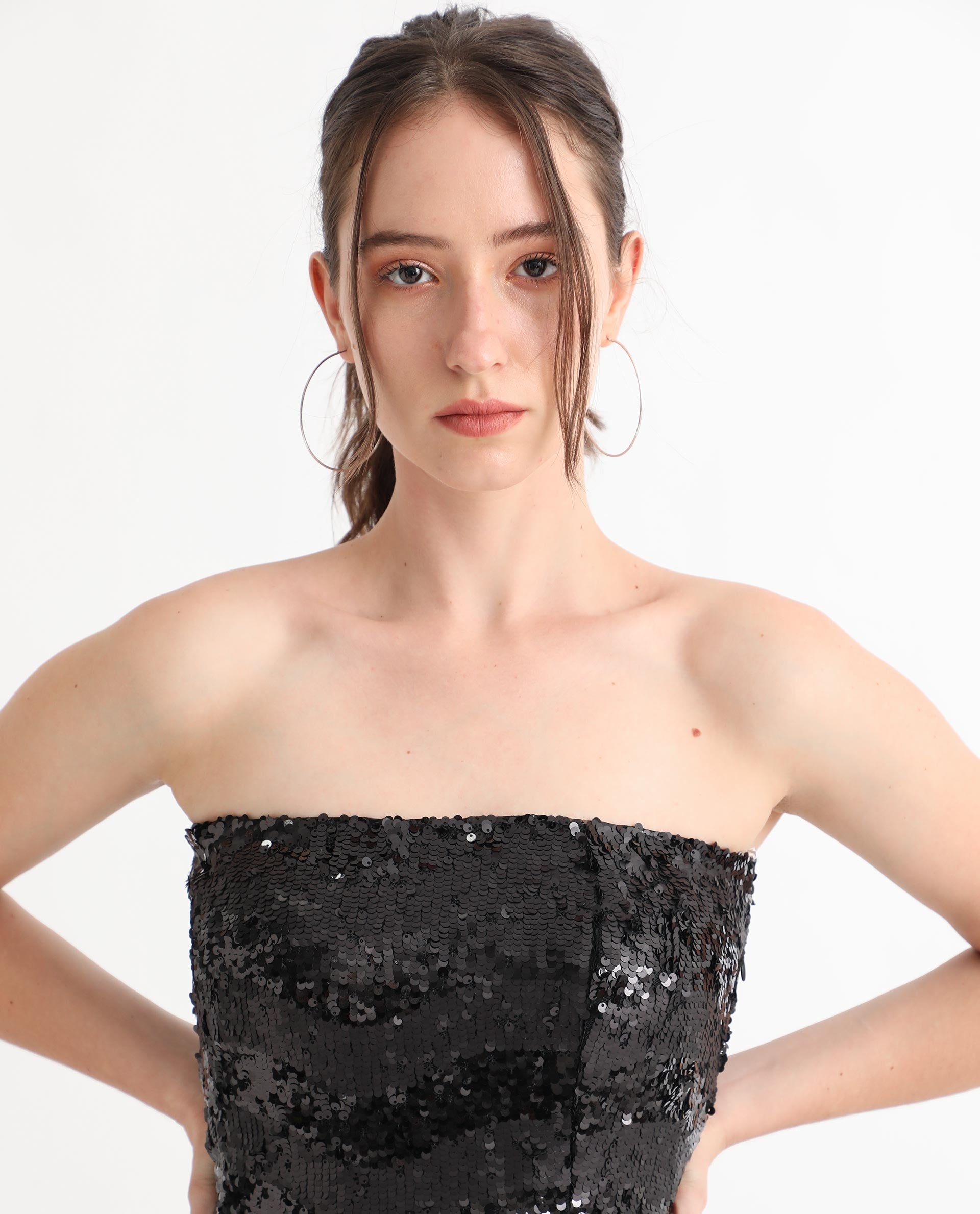 Rareism Women Eve Sheen Black Off Shoulder Thigh Slit Back Zip Closure Sequin Bodycon Midi Party Dress