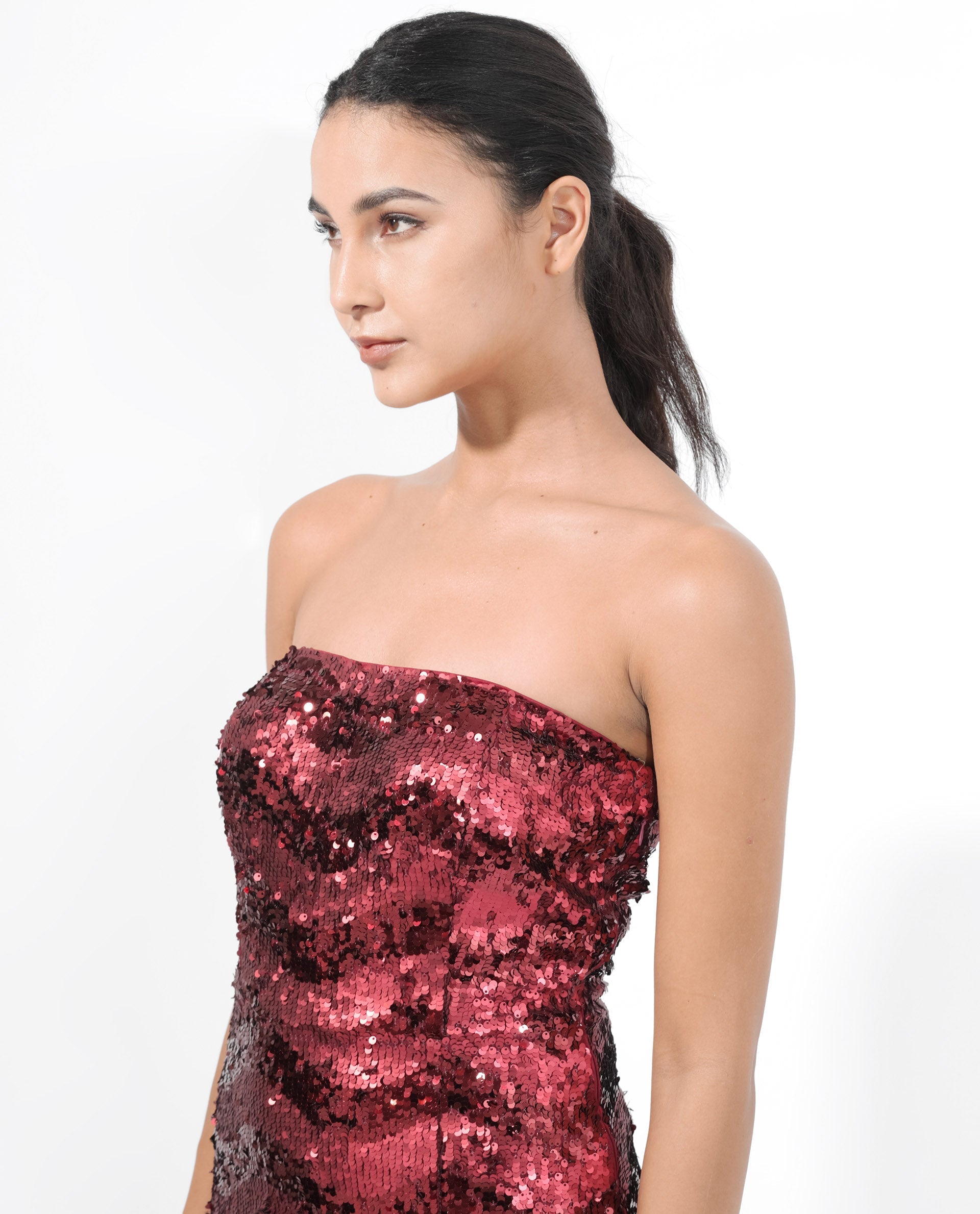 Rareism Women Eve Sheen Red Polyester Fabric Zip Closure Sleeveless Regular Fit Sequined Maxi Dress