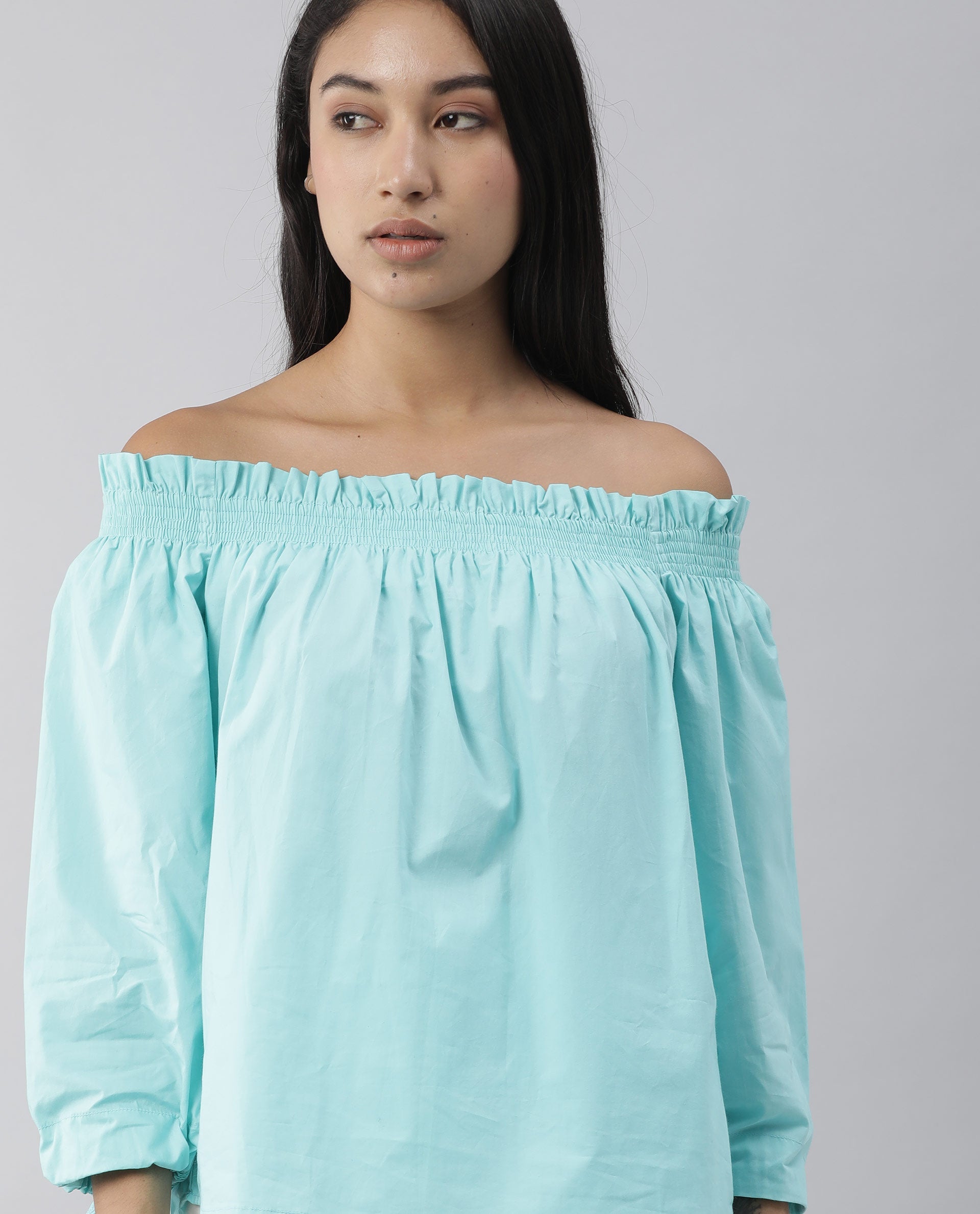 Rareism Womens Evenin Green Top Cotton Fabric Loose Fit Cold Shoulder Sleeve