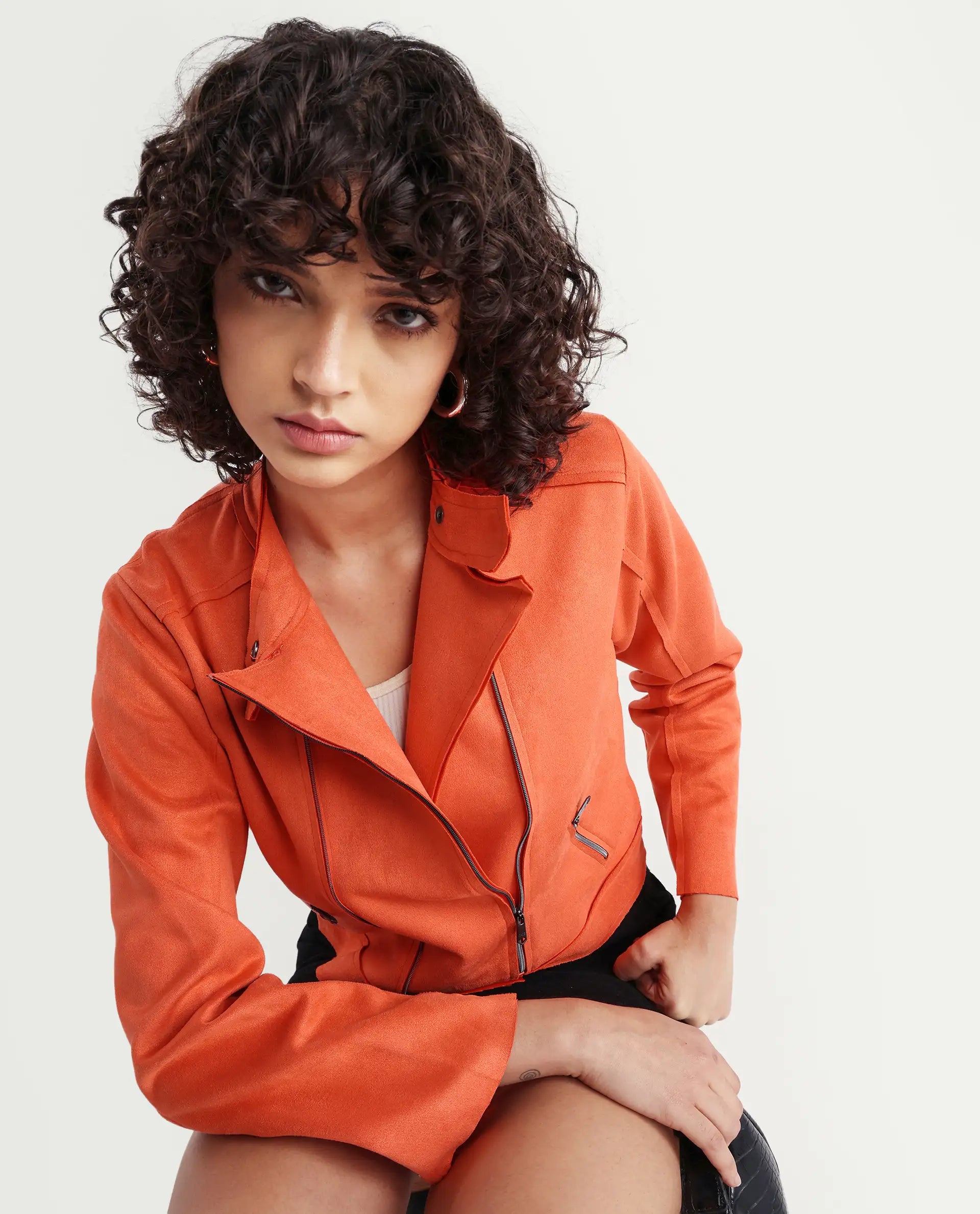 Rareism Women's Everlee Orange Polyester Mandarin Collar Plain Regular Fit Jacket