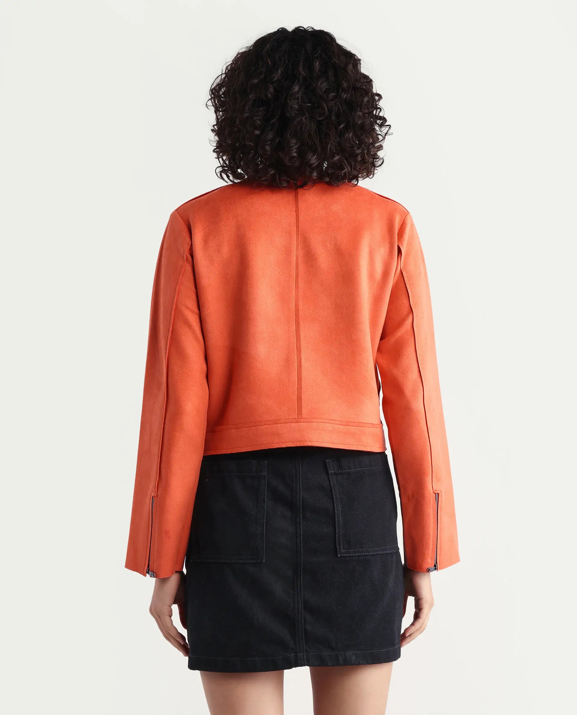 Rareism Women's Everlee Orange Polyester Mandarin Collar Plain Regular Fit Jacket