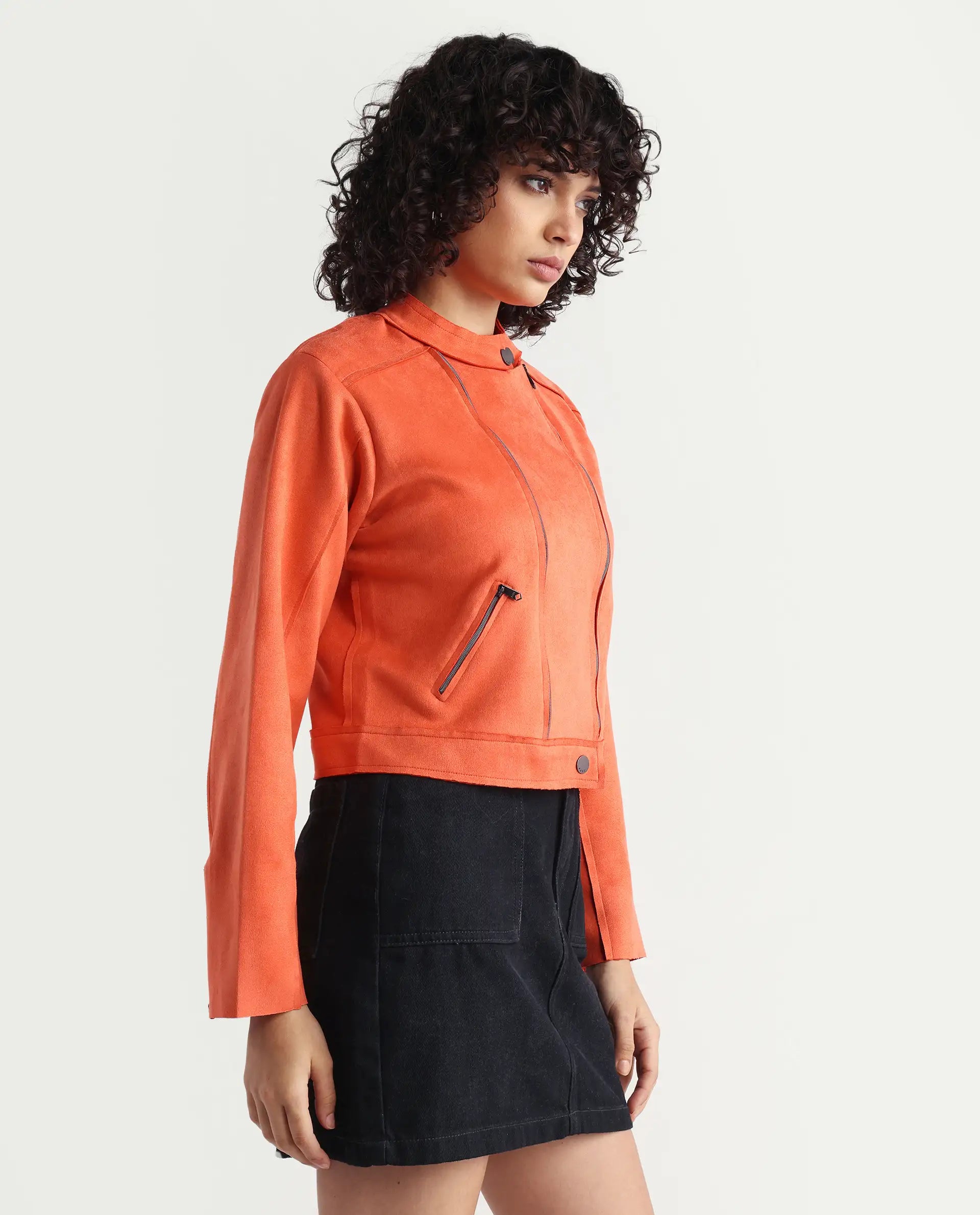 Rareism Women's Everlee Orange Polyester Mandarin Collar Plain Regular Fit Jacket