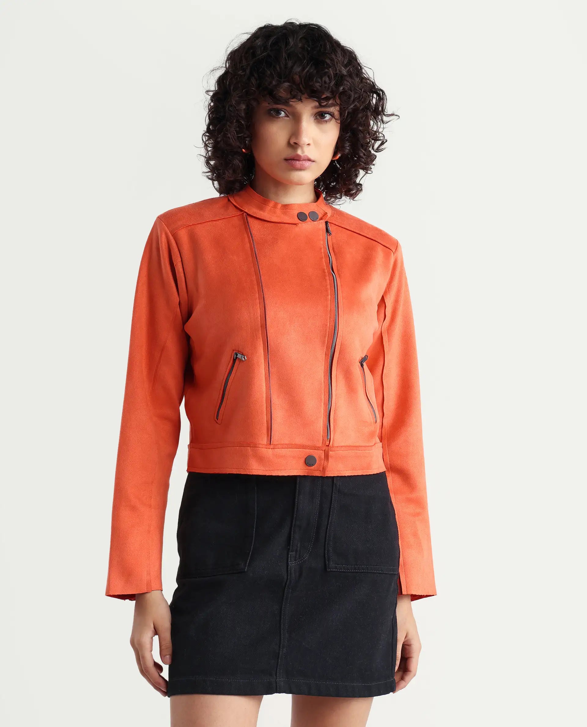 Rareism Women's Everlee Orange Polyester Mandarin Collar Plain Regular Fit Jacket