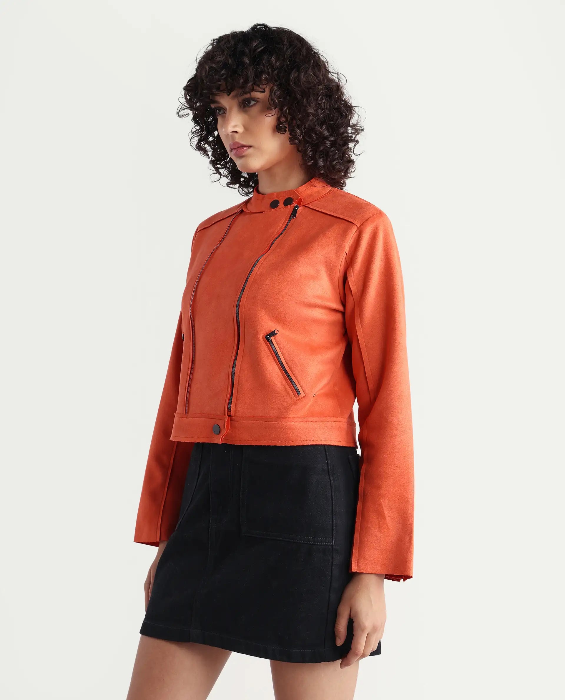 Rareism Women's Everlee Orange Polyester Mandarin Collar Plain Regular Fit Jacket