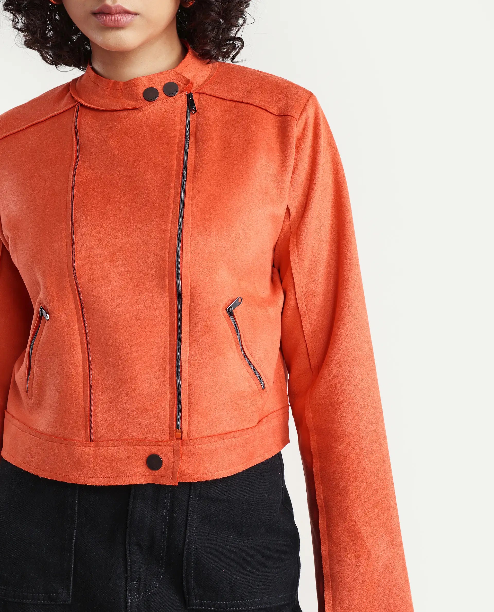 Rareism Women's Everlee Orange Polyester Mandarin Collar Plain Regular Fit Jacket