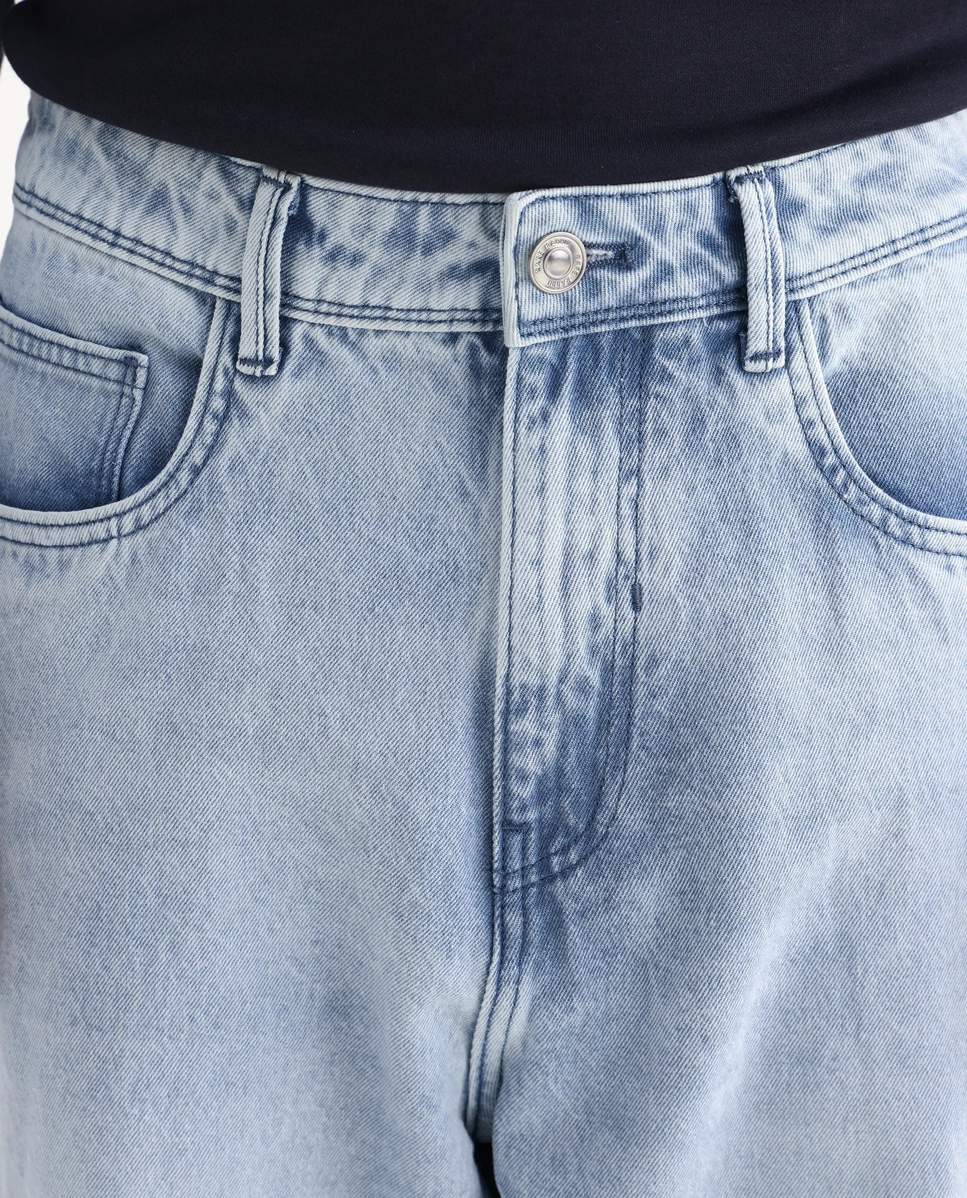 Rare Rabbit Men's Evet Pastel Blue Cotton Plain Baggy Fit Jeans