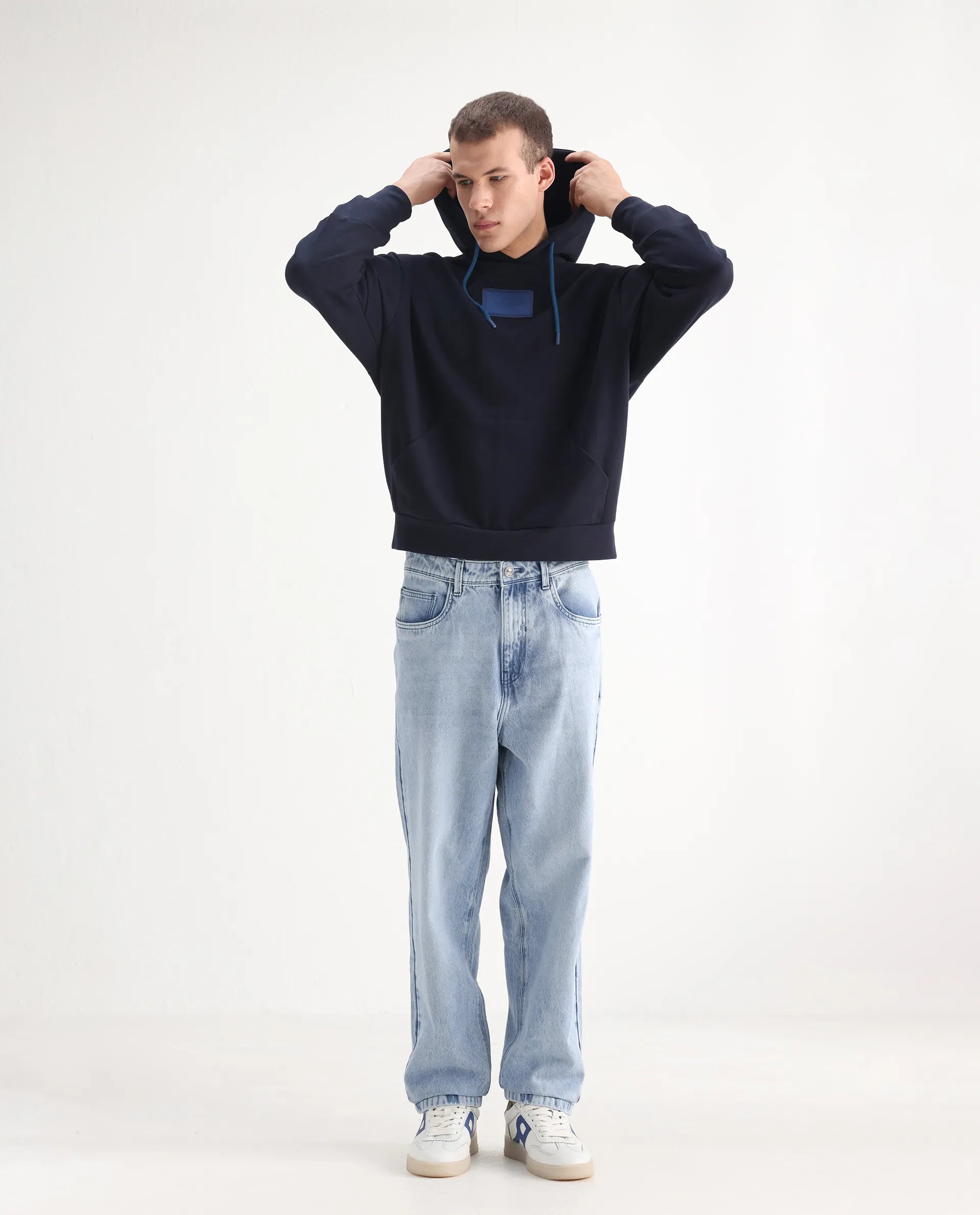 Rare Rabbit Men's Evet Pastel Blue Cotton Plain Baggy Fit Jeans