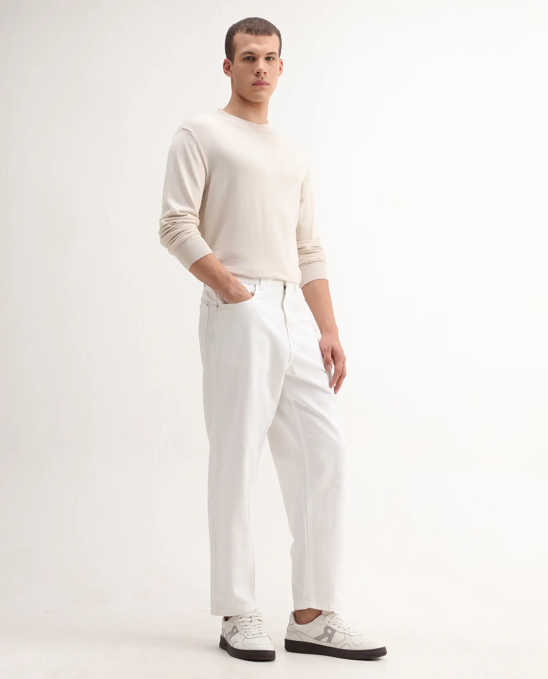 Rare Rabbit Men's Evet-2 White Cotton Plain Baggy Fit Jeans