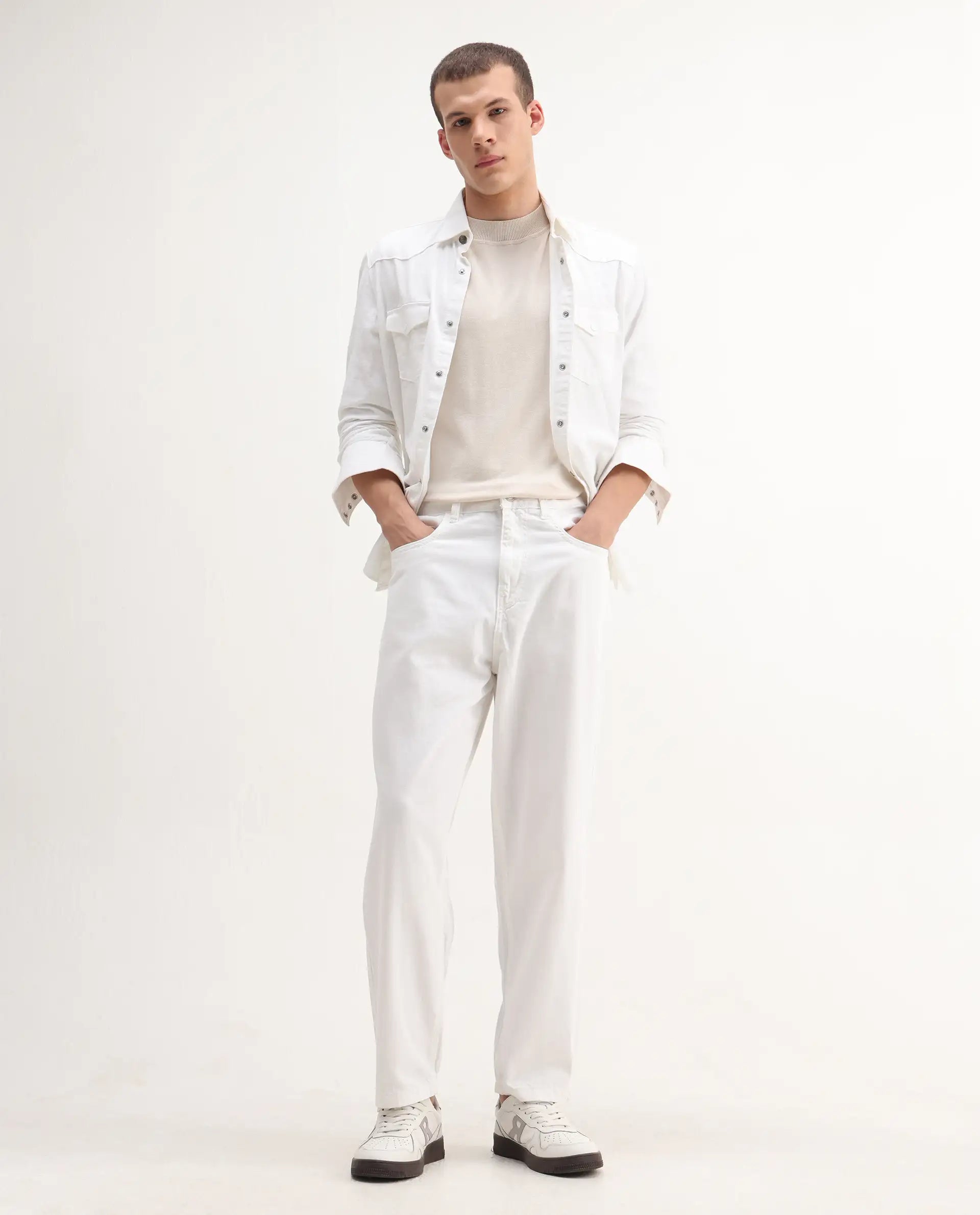 Rare Rabbit Men's Evet-2 White Cotton Plain Baggy Fit Jeans