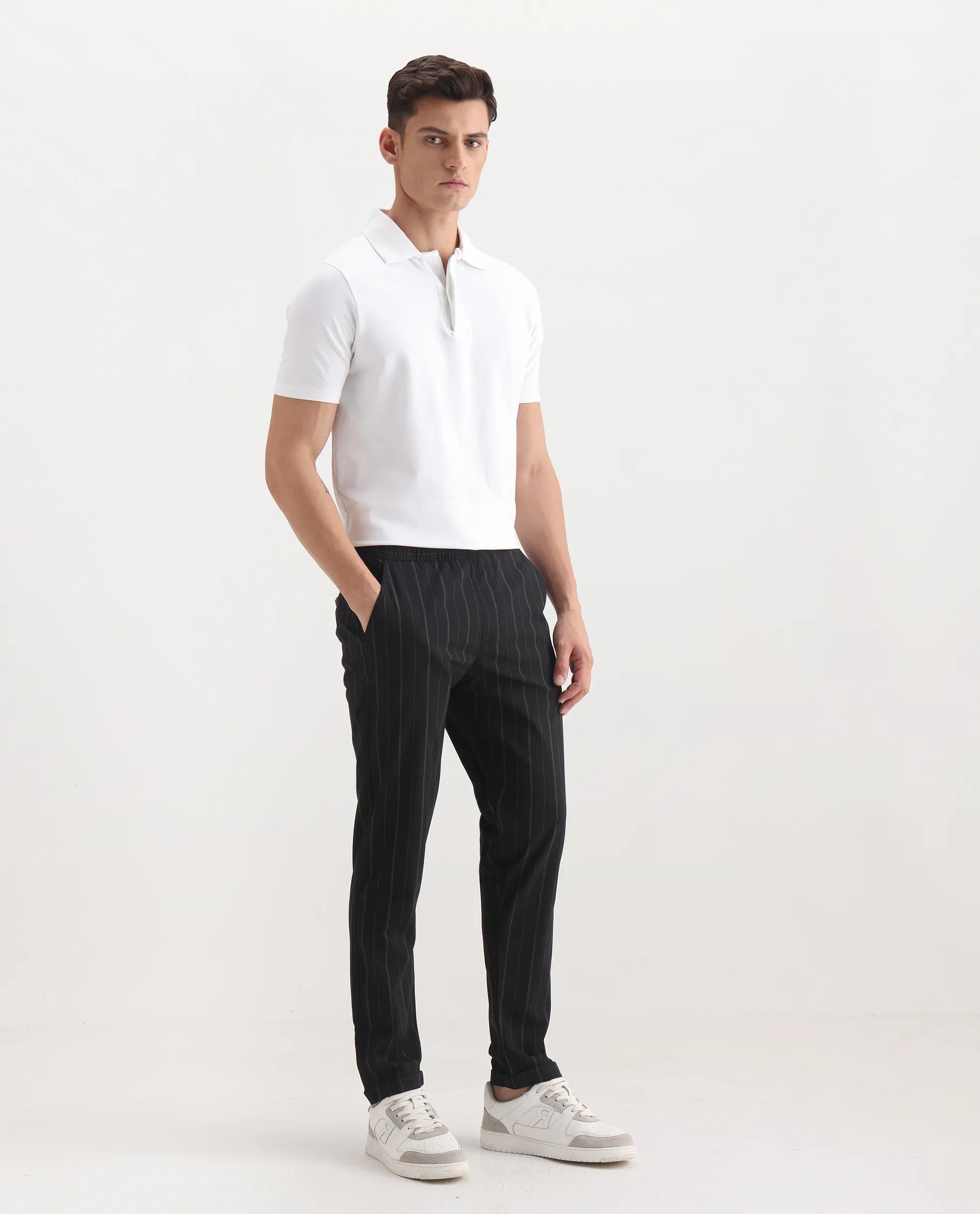 Rare Rabbit Men's Evita Black Cotton Striped Print Regular Fit Trouser