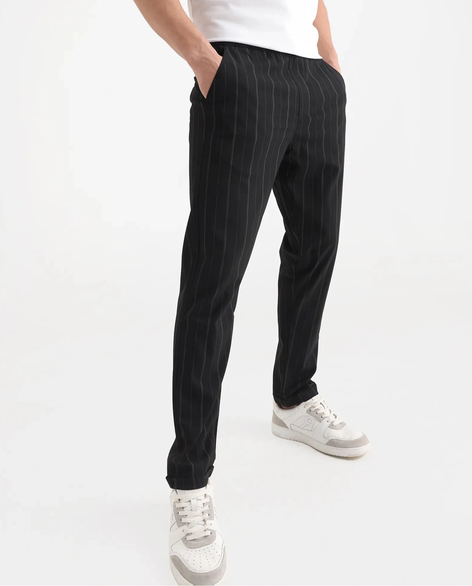 Rare Rabbit Men's Evita Black Polyester Blend Striped Print Regular Fit Trouser