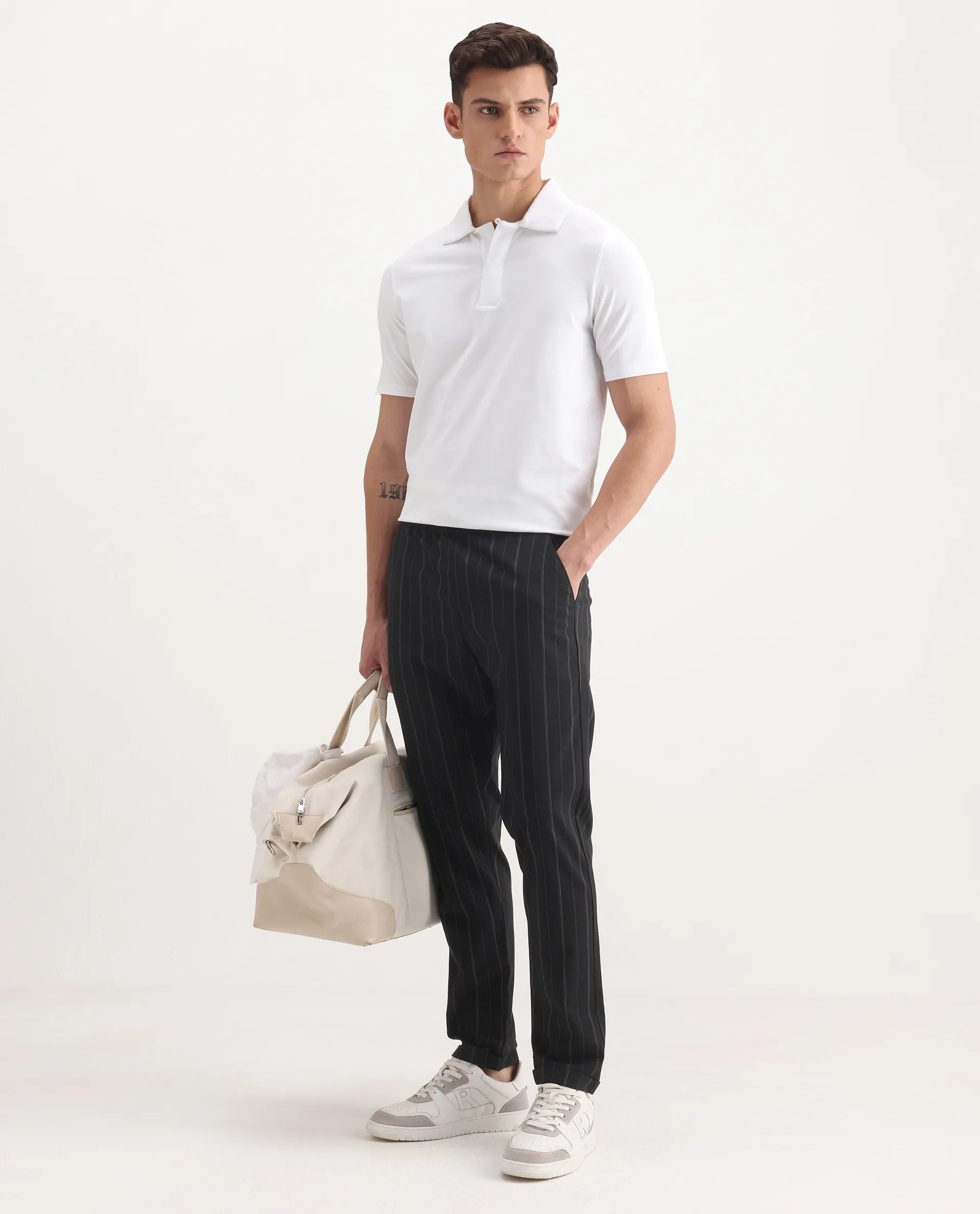 Rare Rabbit Men's Evita Black Cotton Striped Print Regular Fit Trouser