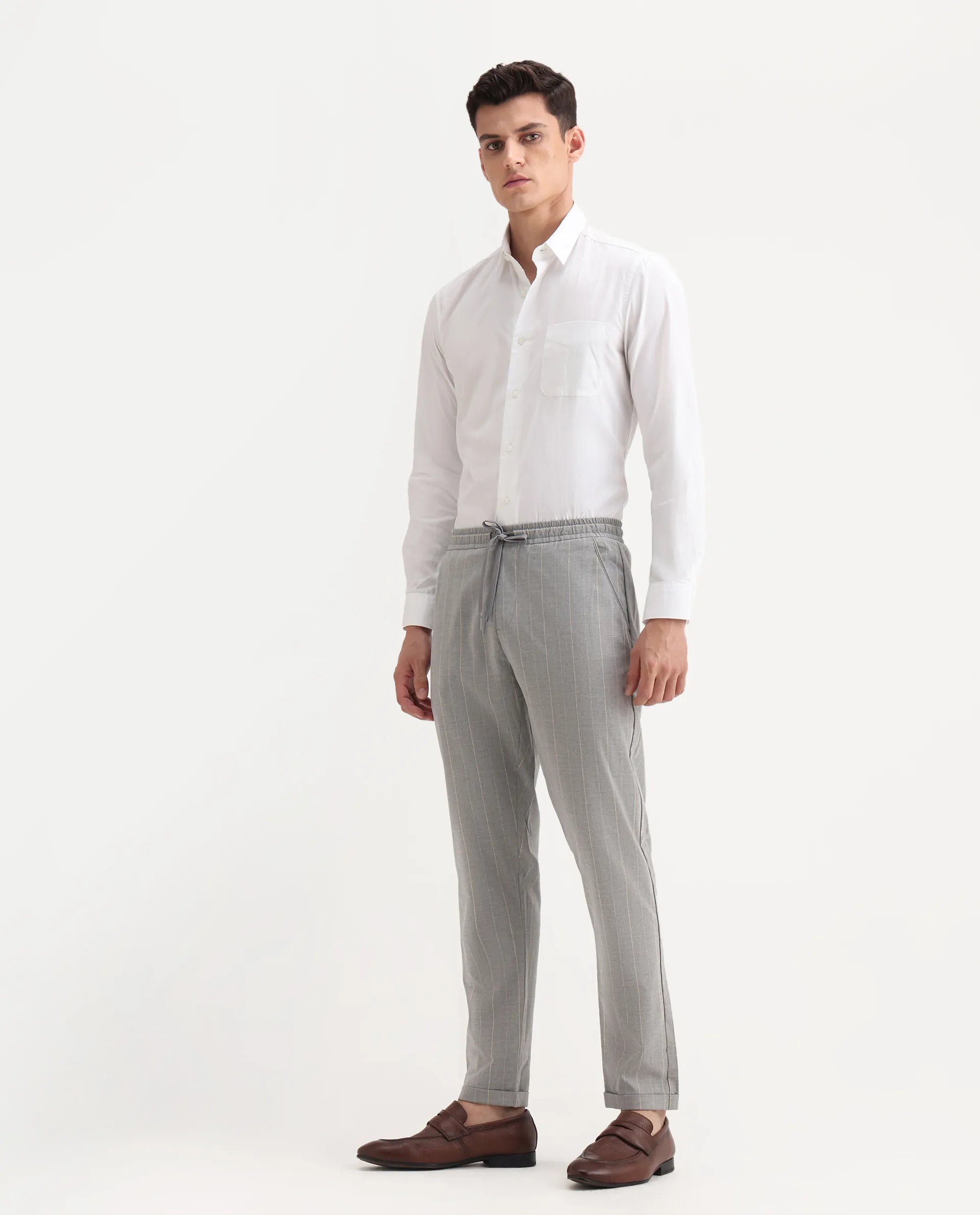 Rare Rabbit Men's Evita Grey Cotton Striped Print Regular Fit Trouser