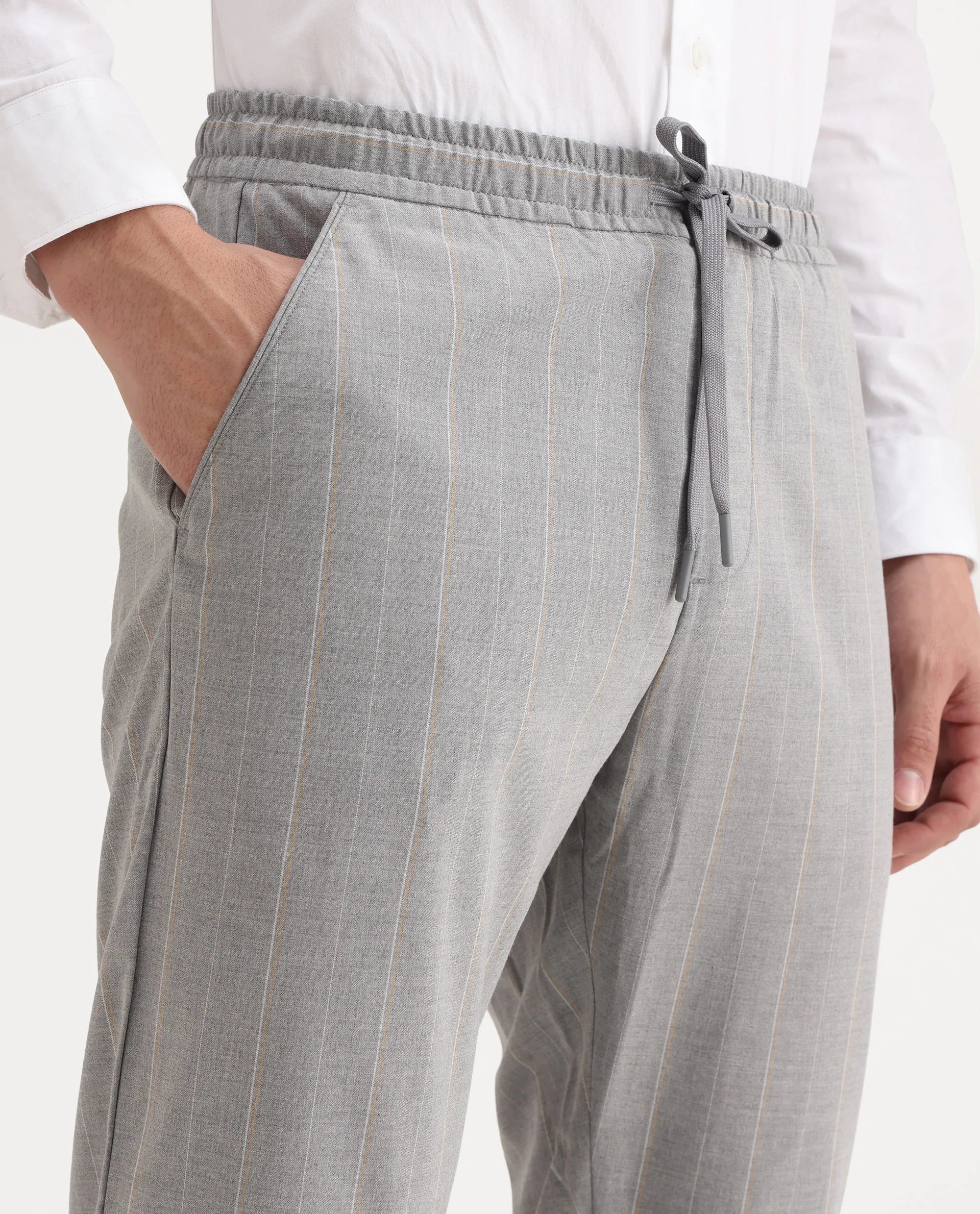 Rare Rabbit Men's Evita Grey Cotton Striped Print Regular Fit Trouser