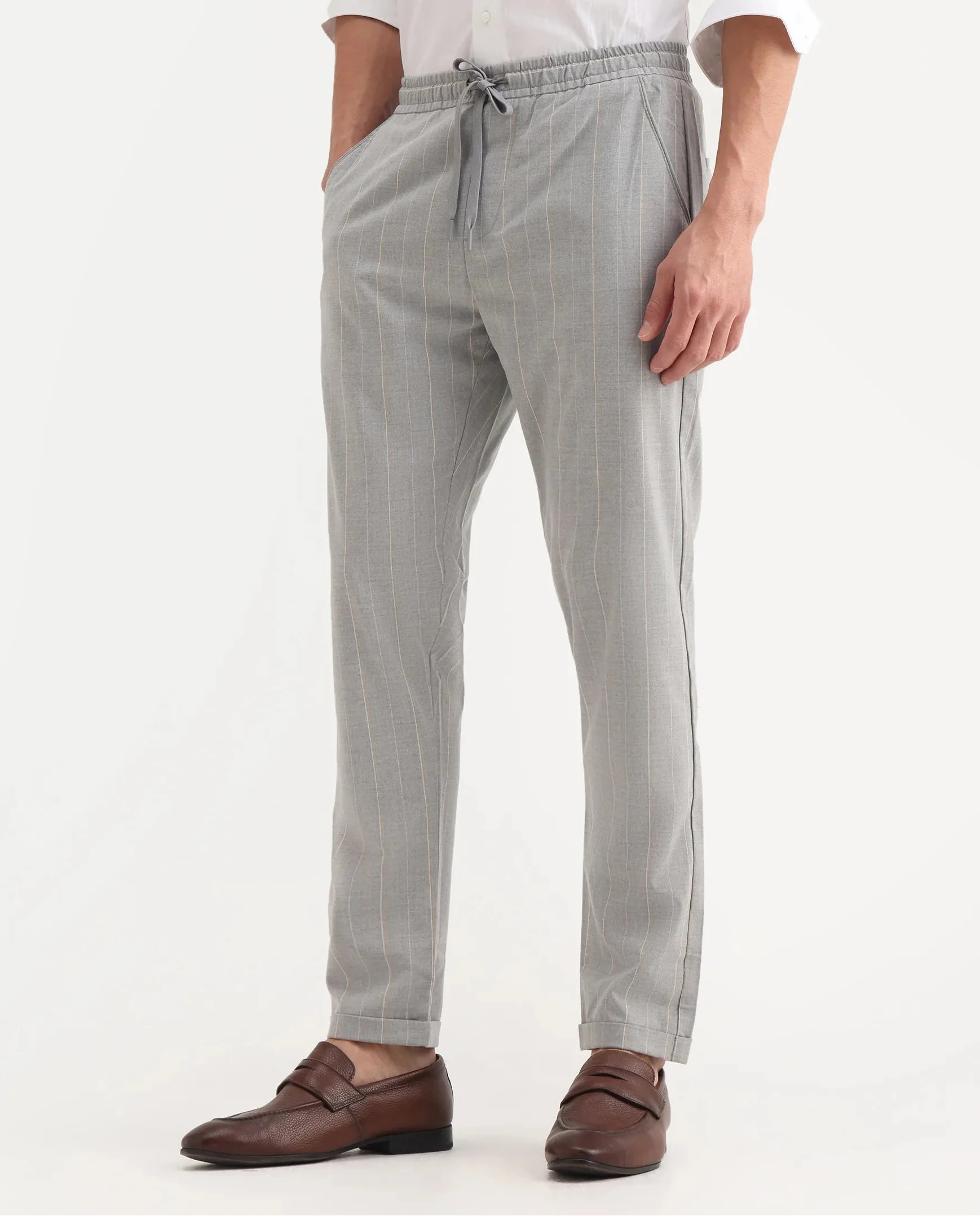 Rare Rabbit Men's Evita Grey Polyester Blend Striped Print Regular Fit Trouser