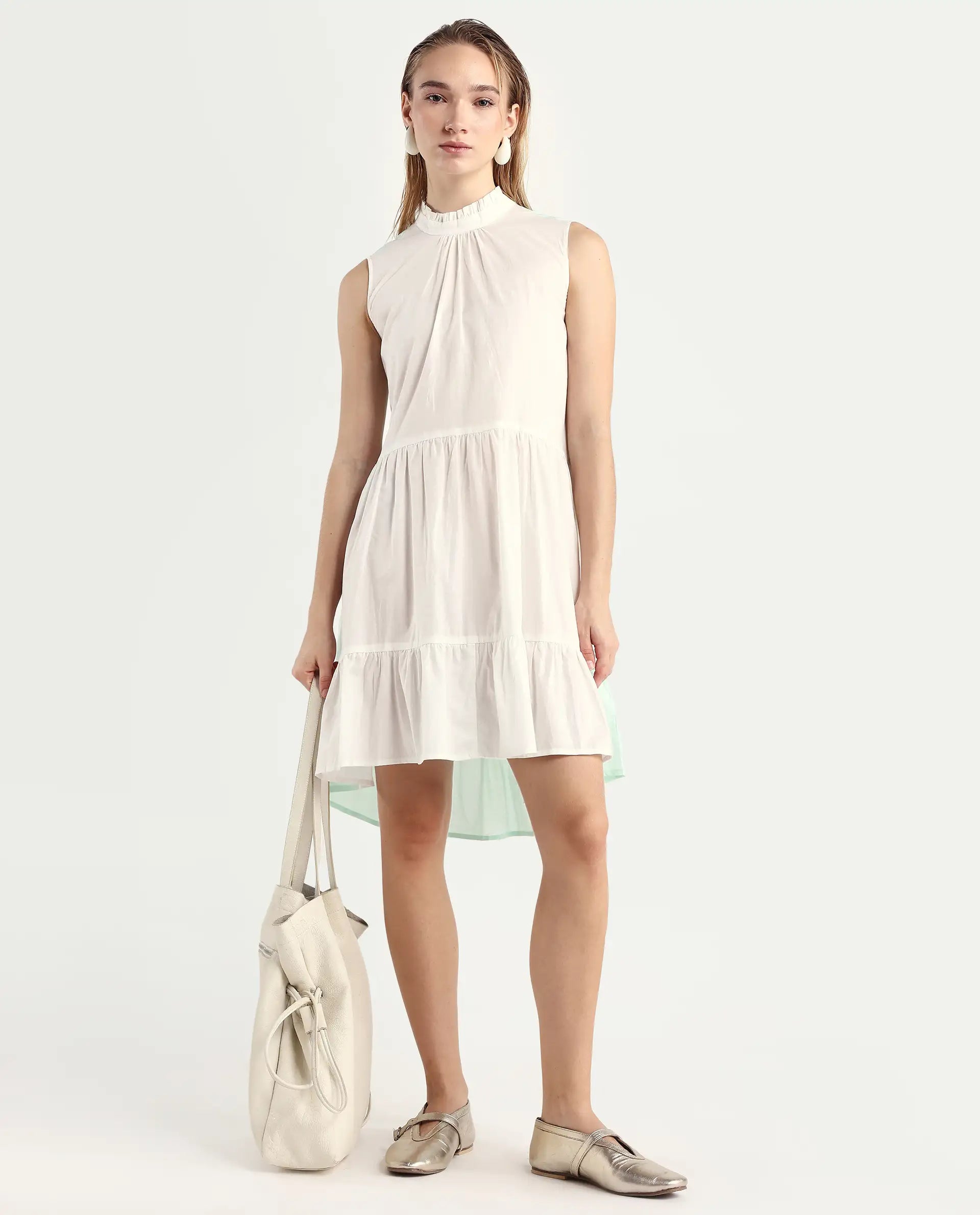 Rareism Women's Exam Green Cotton Sweetheart Neck Color Block Sleeveless Knee Length Regular Fit Dress