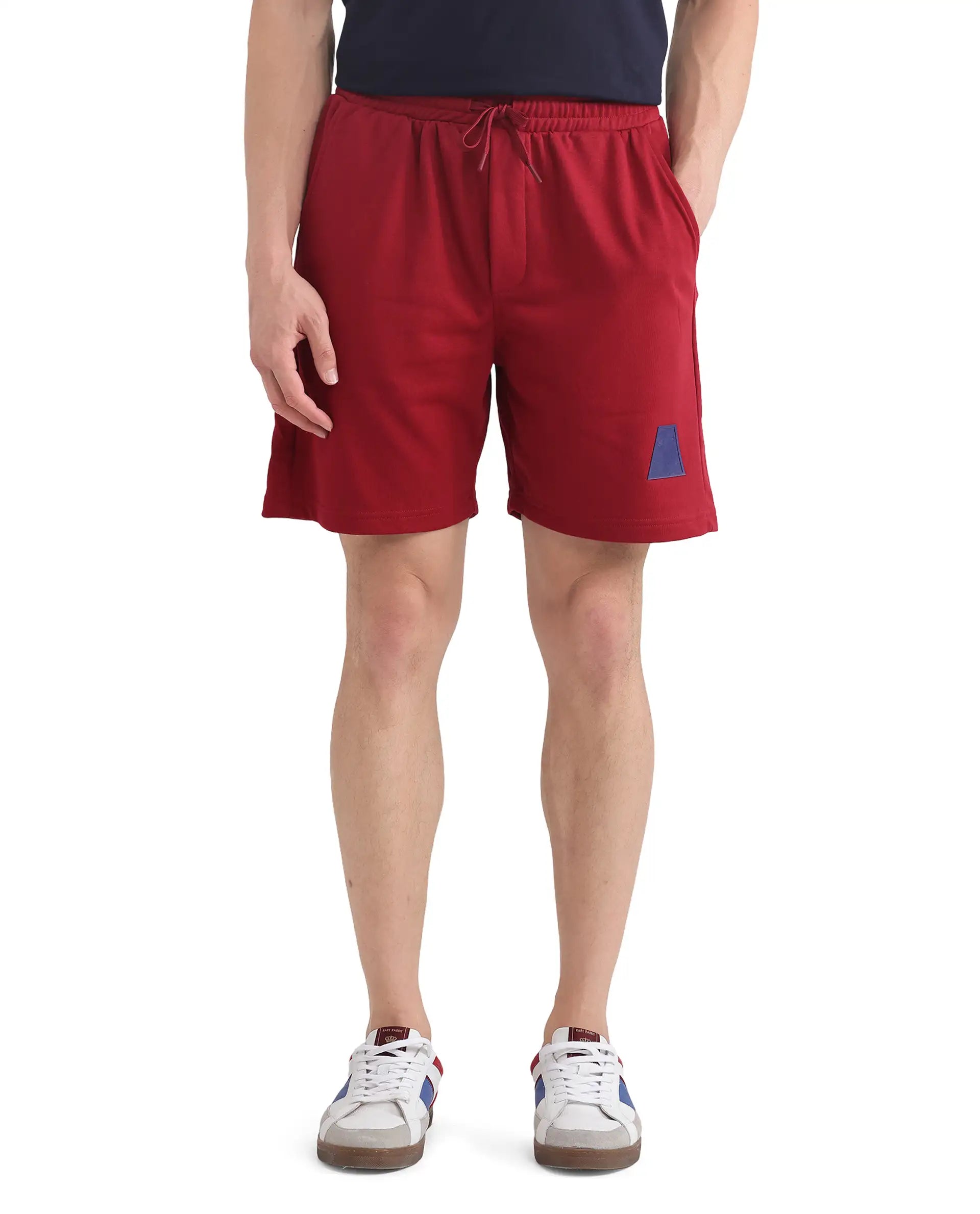 Rare Rabbit Men Exclaim-B Red Short Sleeve Drawstring Closure Oversized Fit Plain Shorts