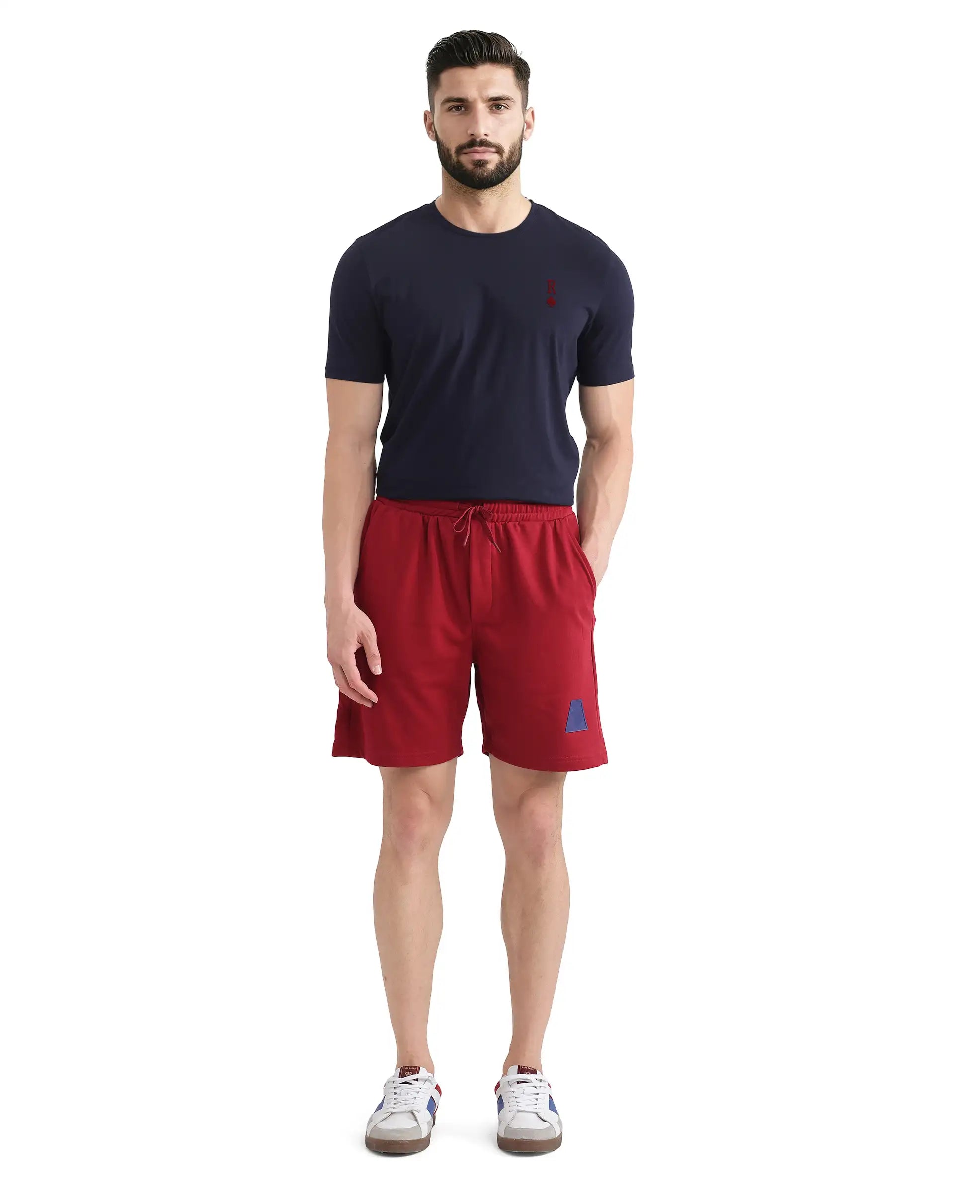 Rare Rabbit Men Exclaim-B Red Short Sleeve Drawstring Closure Oversized Fit Plain Shorts