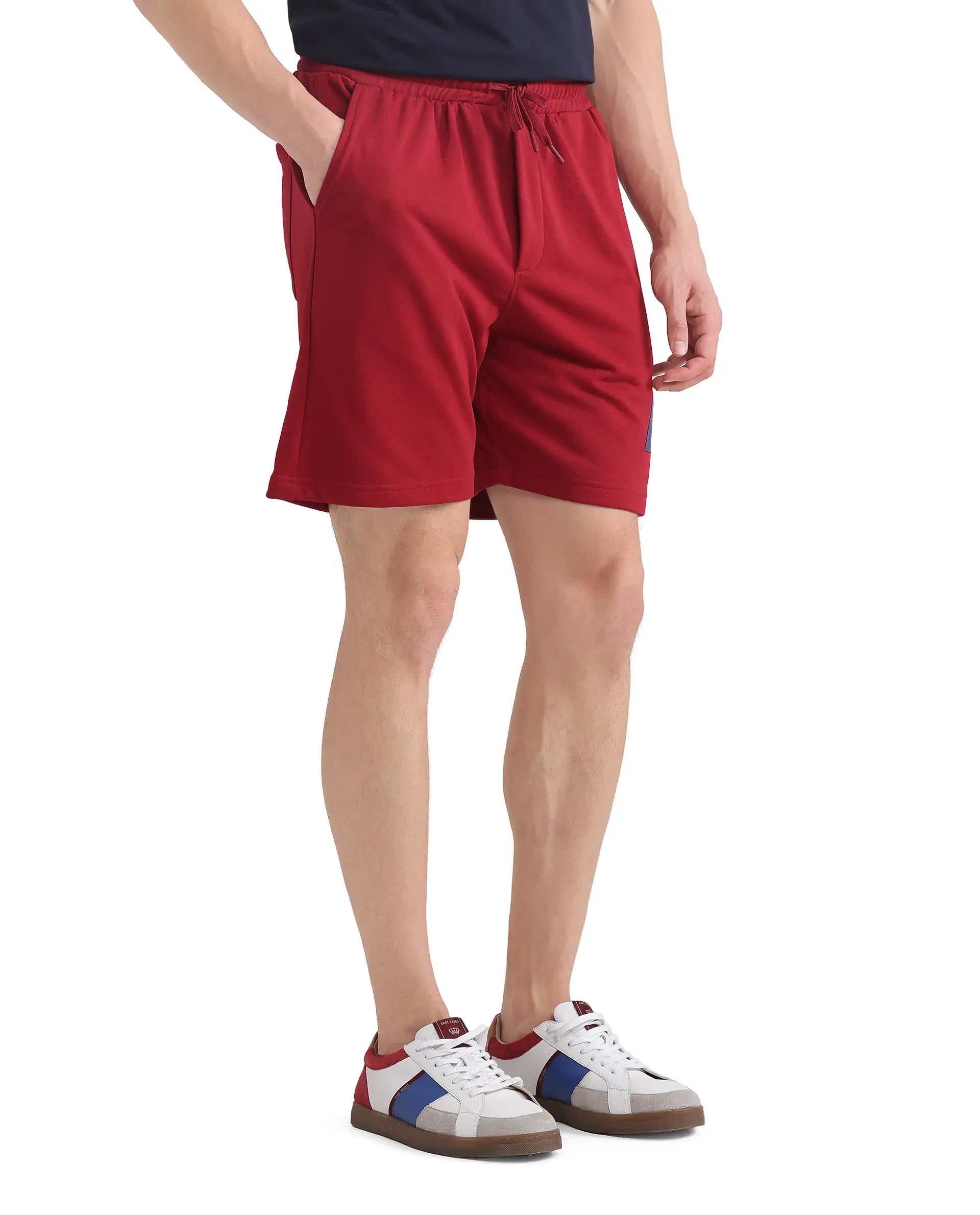 Rare Rabbit Men Exclaim-B Red Short Sleeve Drawstring Closure Oversized Fit Plain Shorts