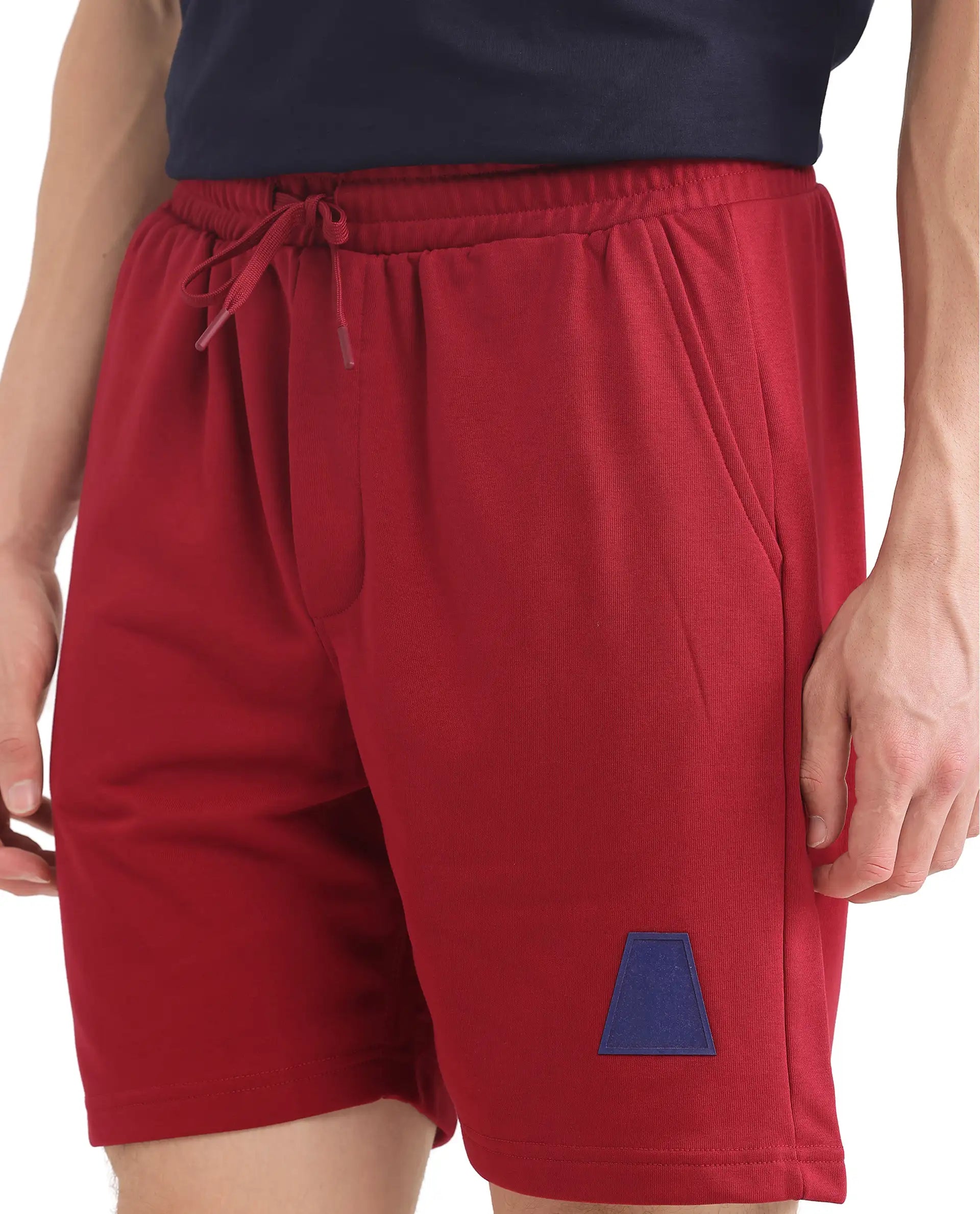 Rare Rabbit Men Exclaim-B Red Short Sleeve Drawstring Closure Oversized Fit Plain Shorts