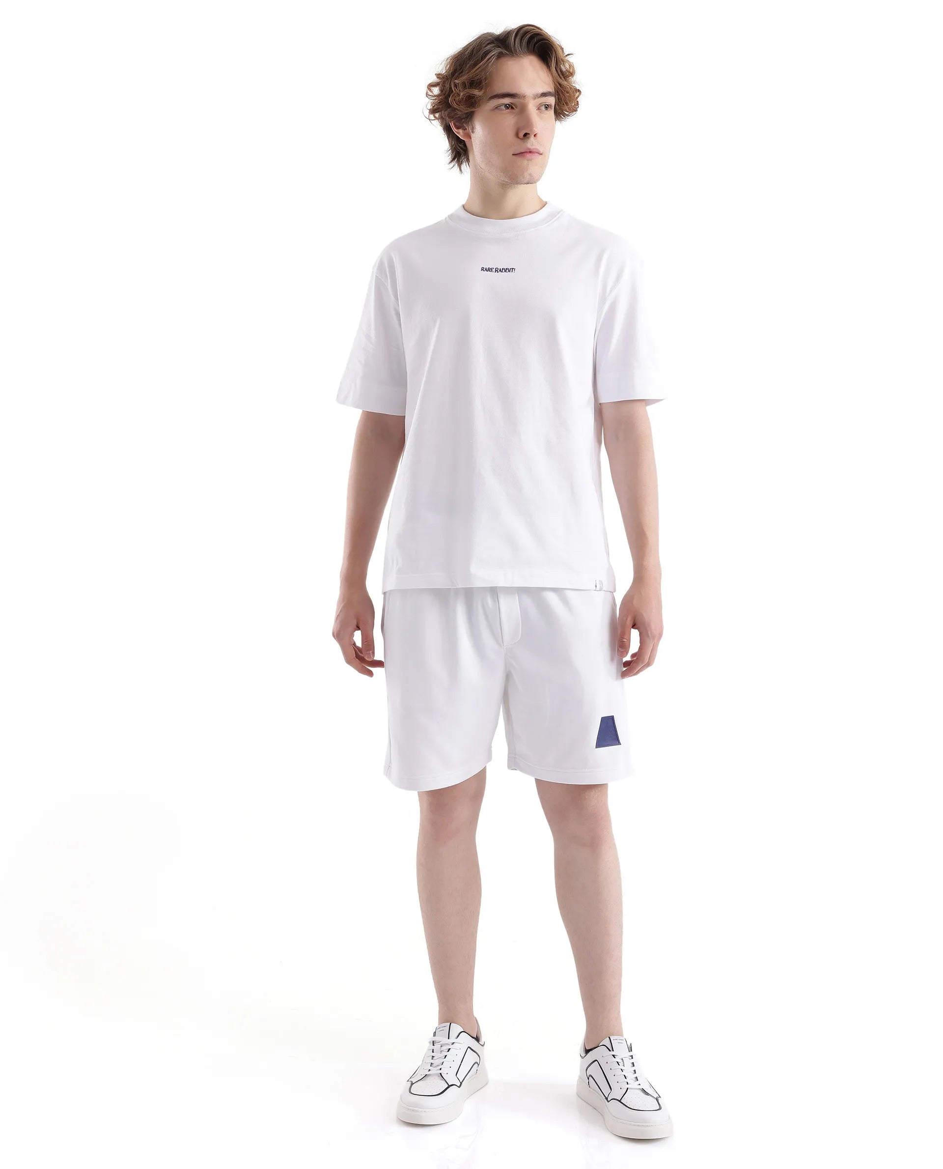 Rare Rabbit Men Exclaim-B White Cotton Fabric Drawstring Closure Oversized Fit Placement Print Shorts