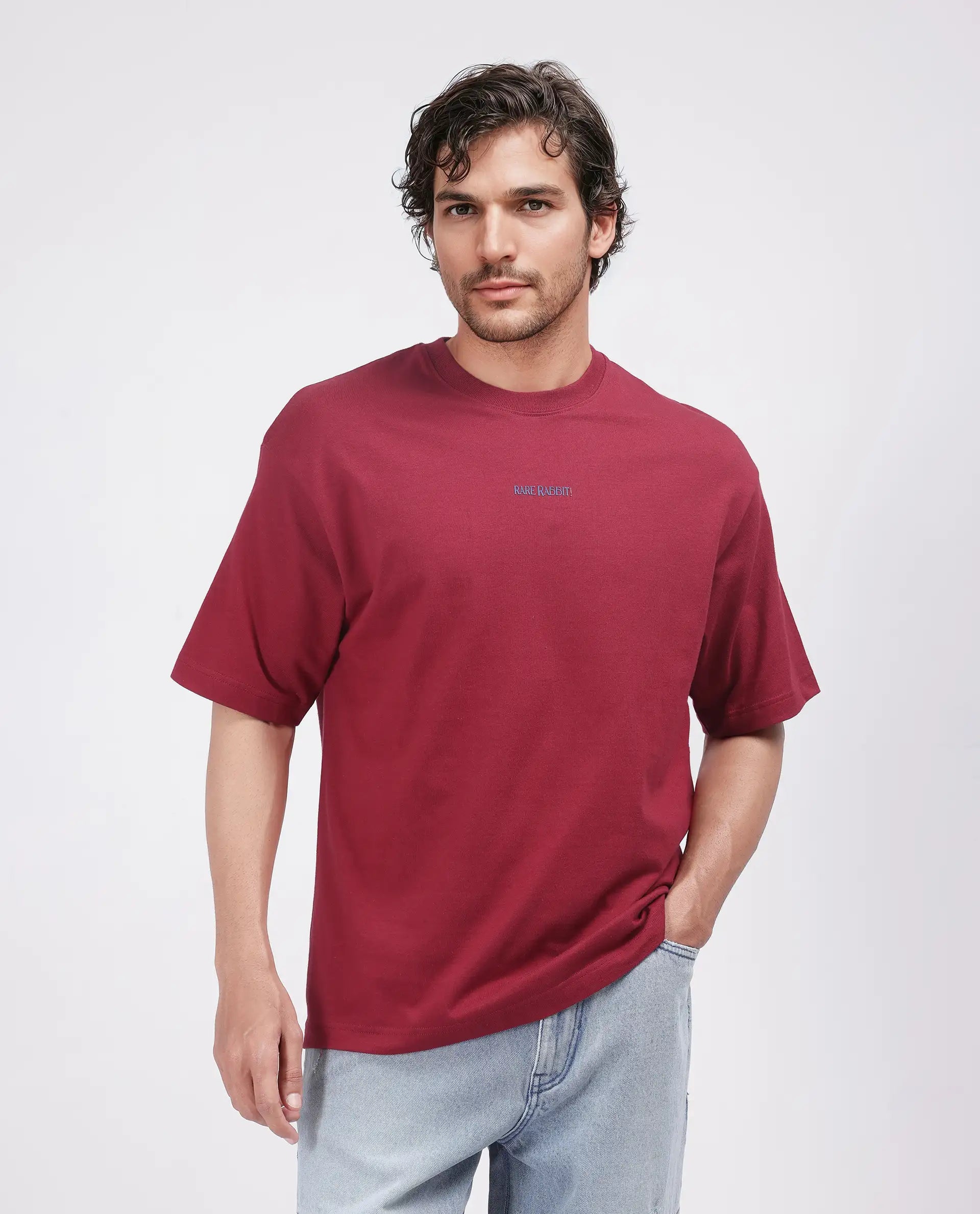 Rare Rabbit Men Exclaim Red Short Sleeve Crew Neck Oversized Fit Graphic Print T-Shirt