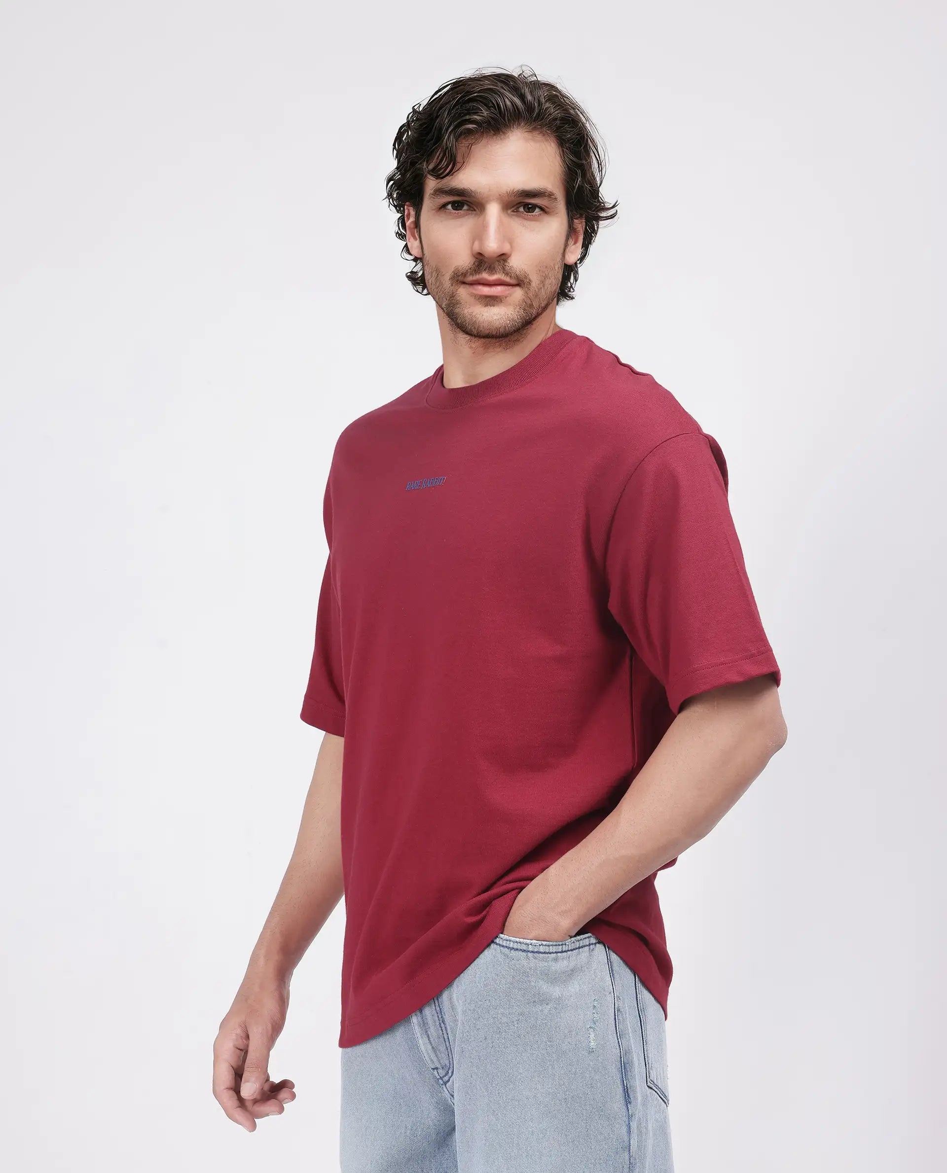 Rare Rabbit Men Exclaim Red Short Sleeve Crew Neck Oversized Fit Graphic Print T-Shirt