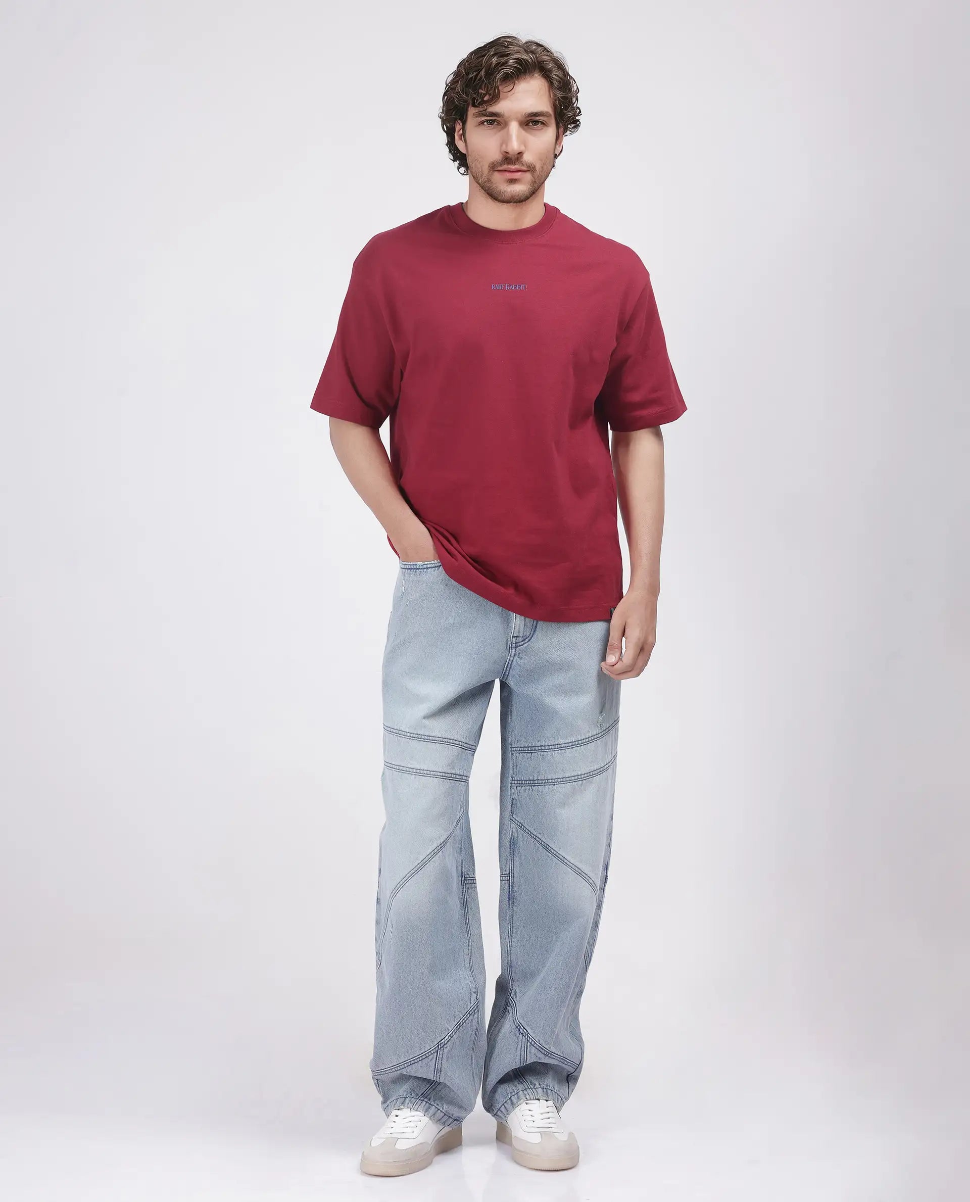 Rare Rabbit Men Exclaim Red Short Sleeve Crew Neck Oversized Fit Graphic Print T-Shirt