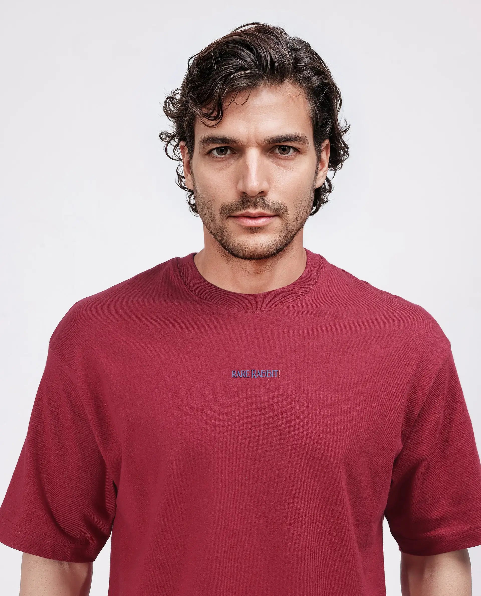 Rare Rabbit Men Exclaim Red Short Sleeve Crew Neck Oversized Fit Graphic Print T-Shirt