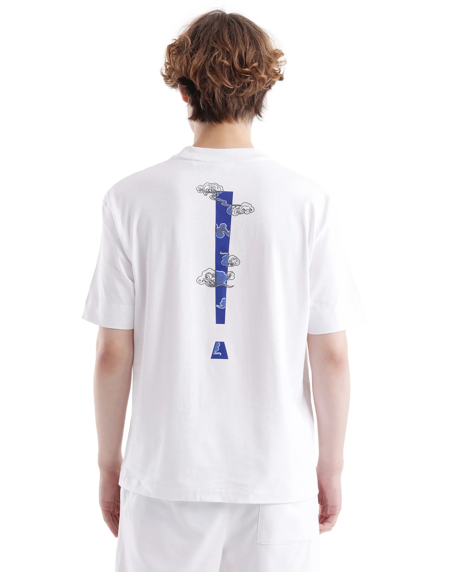 Rare Rabbit Men Exclaim White Cotton Fabric Short Sleeve Crew Neck Oversized Fit Graphic Back Print T-Shirt