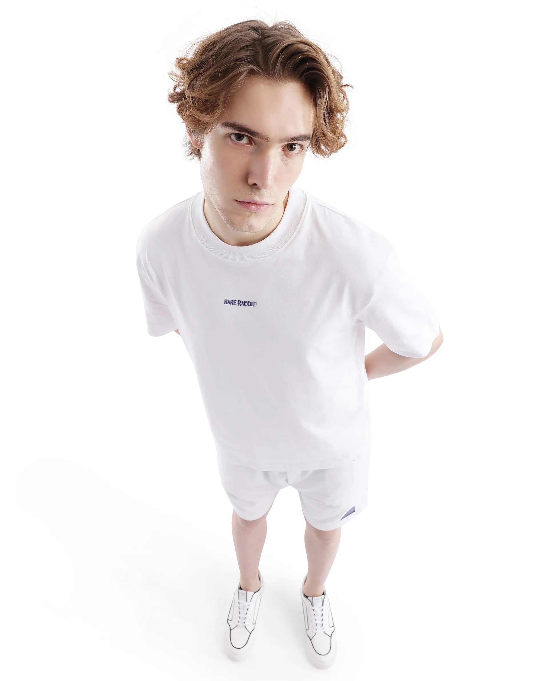 Rare Rabbit Men Exclaim White Cotton Fabric Short Sleeve Crew Neck Oversized Fit Graphic Back Print T-Shirt