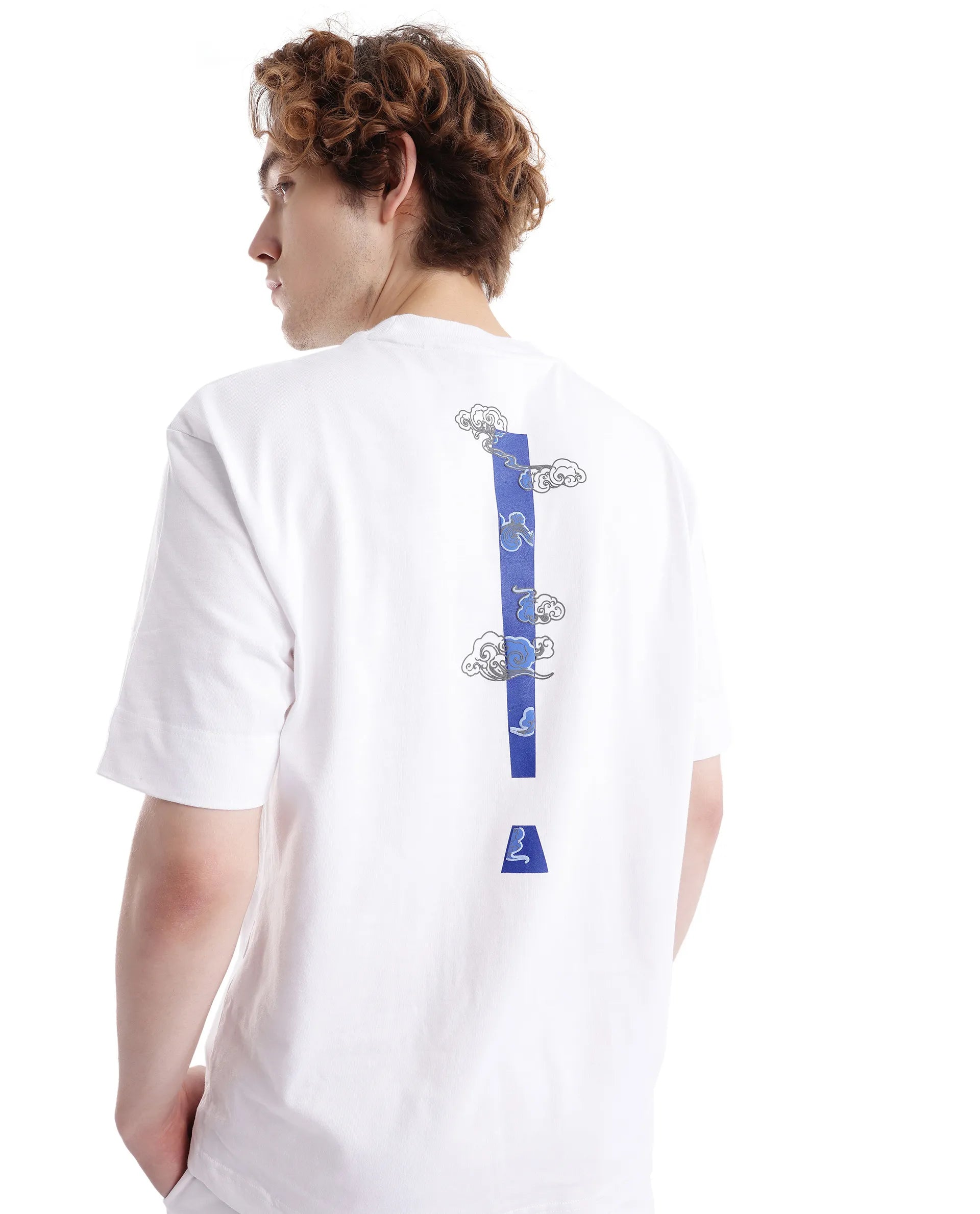 Rare Rabbit Men Exclaim White Cotton Fabric Short Sleeve Crew Neck Oversized Fit Graphic Back Print T-Shirt