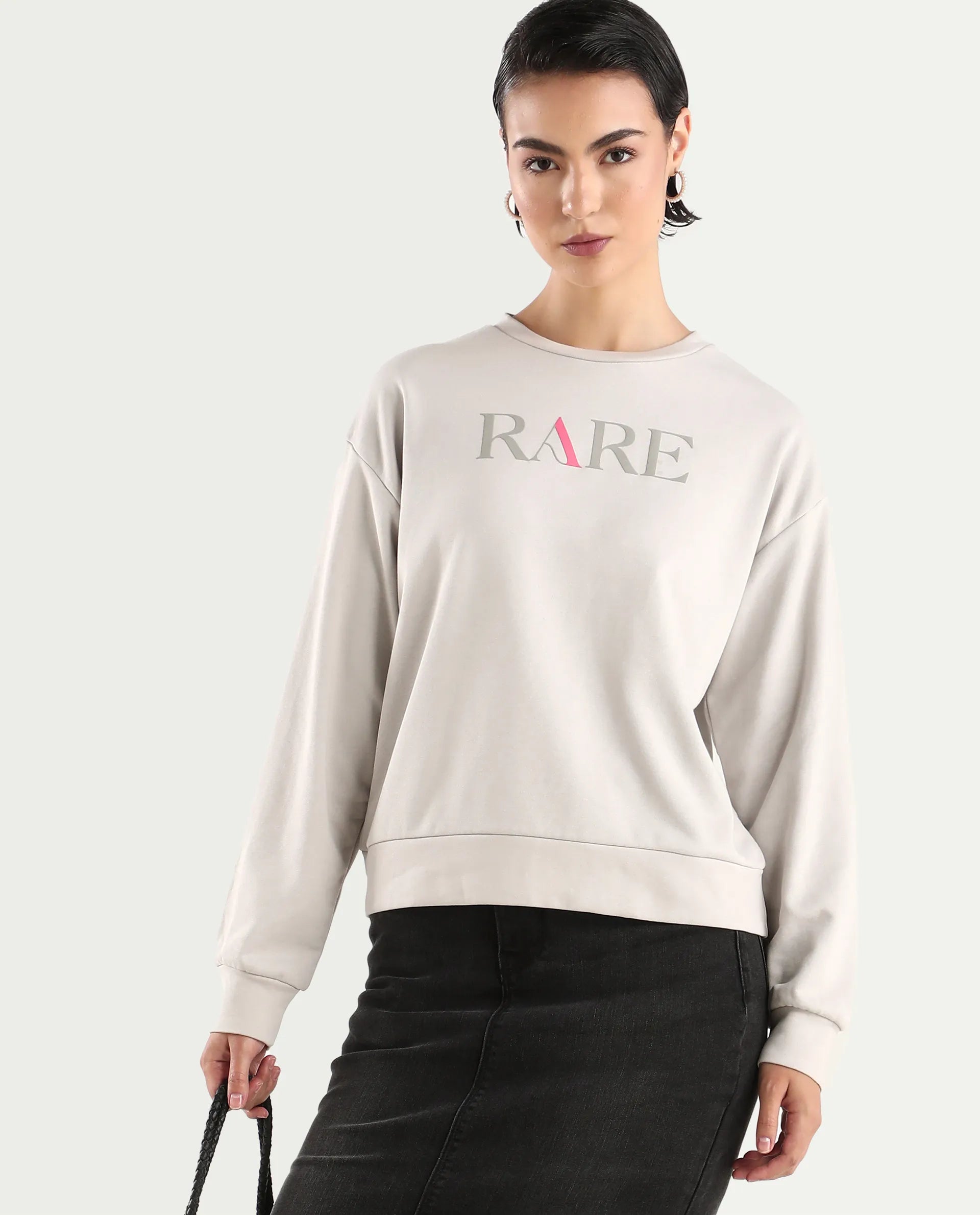 Rareism Women's Excla Light Grey Cotton Blend Crew Neck Graphic Print Regular Fit Sweatshirt
