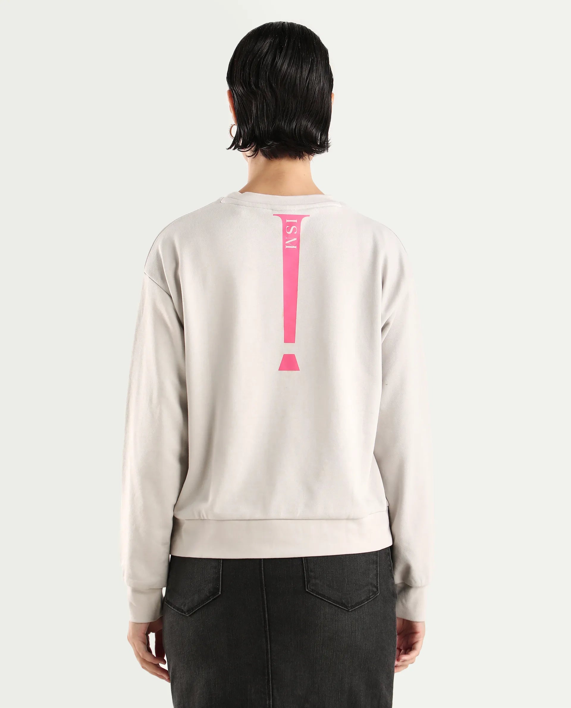 Rareism Women's Excla Light Grey Cotton Blend Crew Neck Graphic Print Regular Fit Sweatshirt