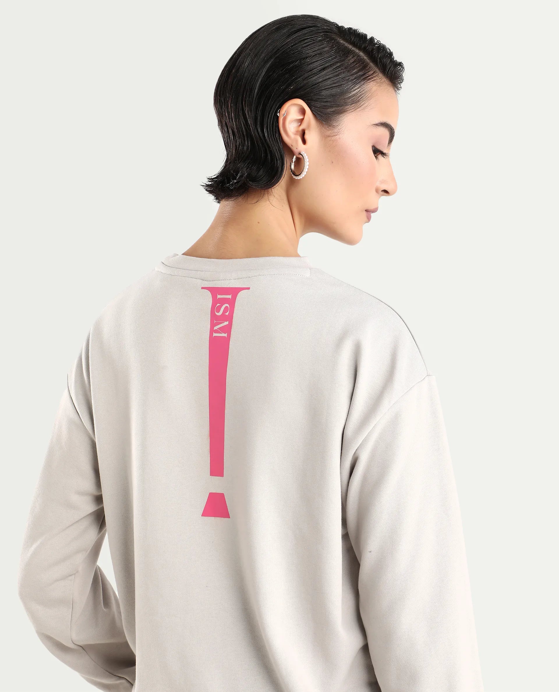 Rareism Women's Excla Light Grey Cotton Blend Crew Neck Graphic Print Regular Fit Sweatshirt