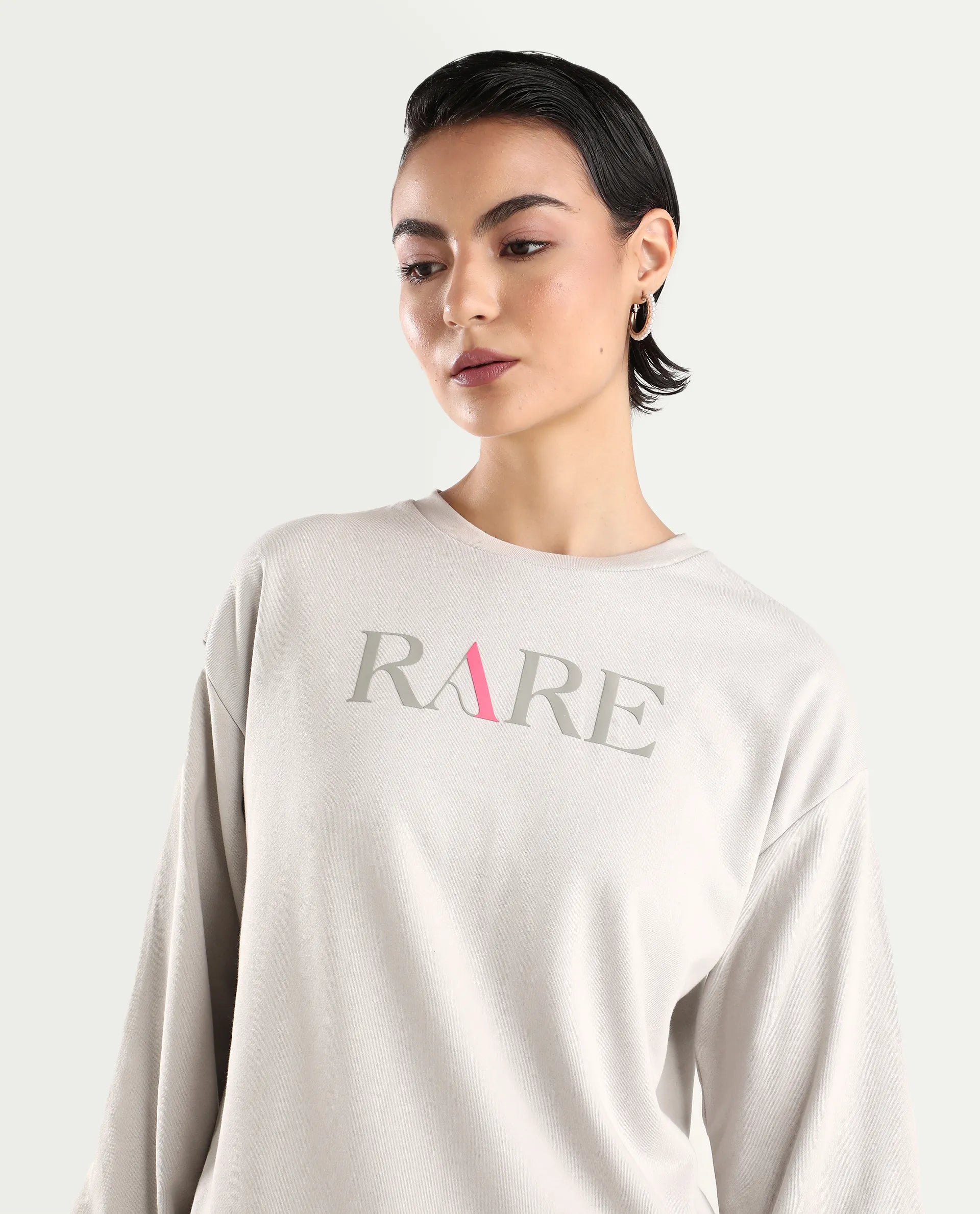 Rareism Women's Excla Light Grey Cotton Blend Crew Neck Graphic Print Regular Fit Sweatshirt