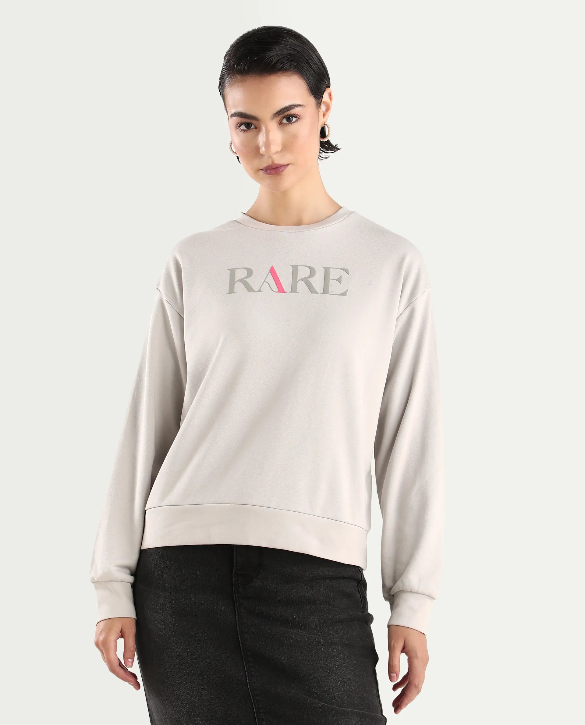 Rareism Women's Excla Light Grey Cotton Blend Crew Neck Graphic Print Regular Fit Sweatshirt
