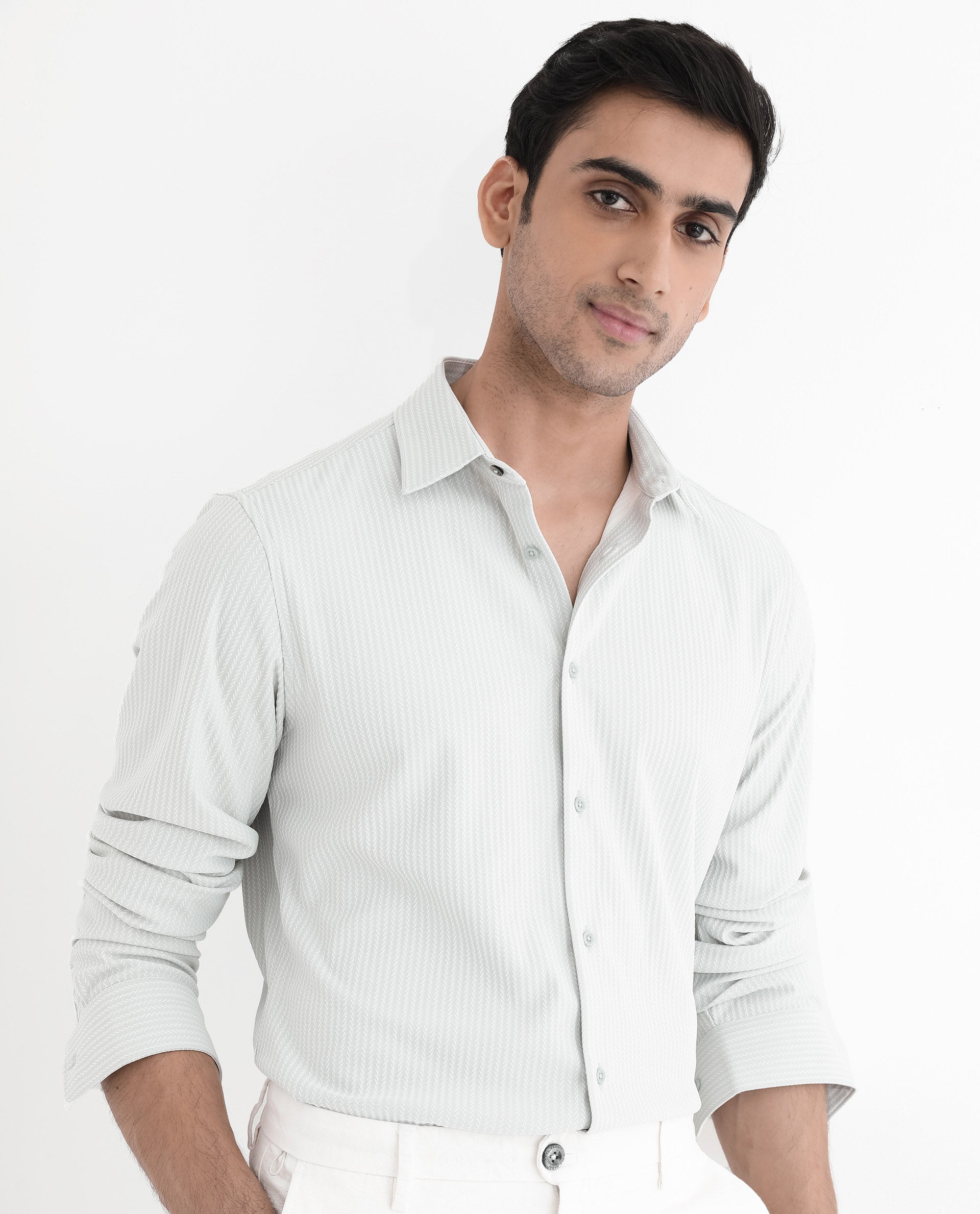 Rare Rabbit Men's Exclo Pastel Blue Polyester Fabric Full Sleeves Regular Fit Jacquard Knit Shirt