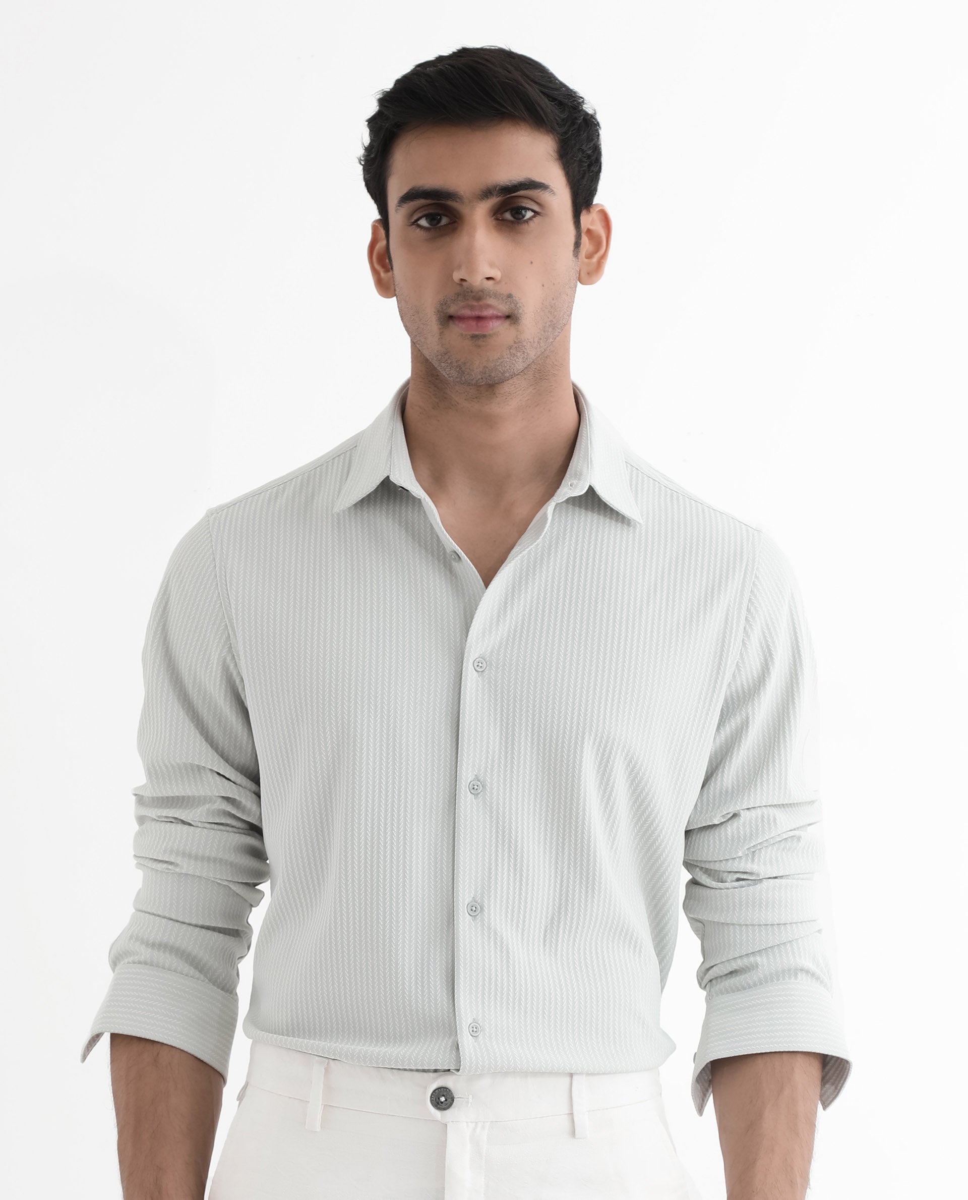 Rare Rabbit Men's Exclo Pastel Blue Polyester Fabric Full Sleeves Regular Fit Jacquard Knit Shirt