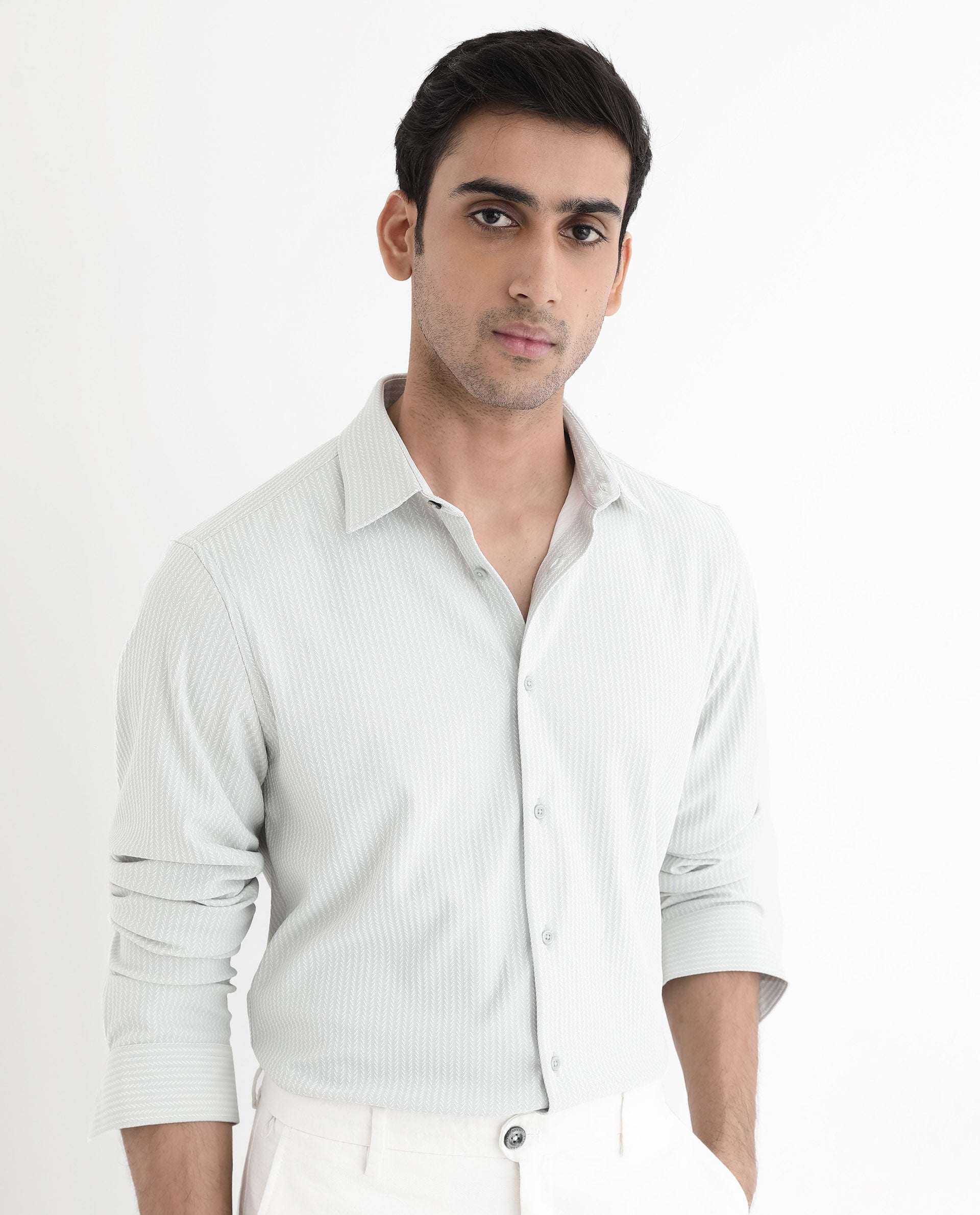 Rare Rabbit Men's Exclo Pastel Blue Polyester Fabric Full Sleeves Regular Fit Jacquard Knit Shirt