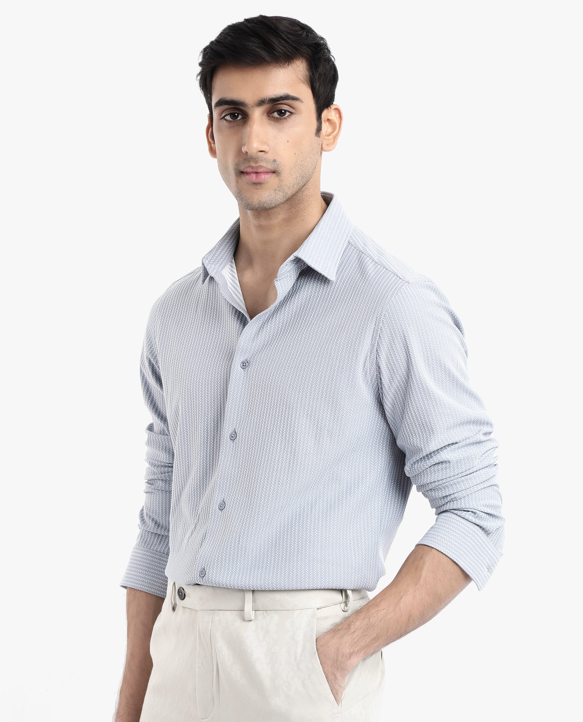 Rare Rabbit Men's Exclo Light Blue Polyester Fabric Full Sleeves Regular Fit Jacquard Knit Shirt