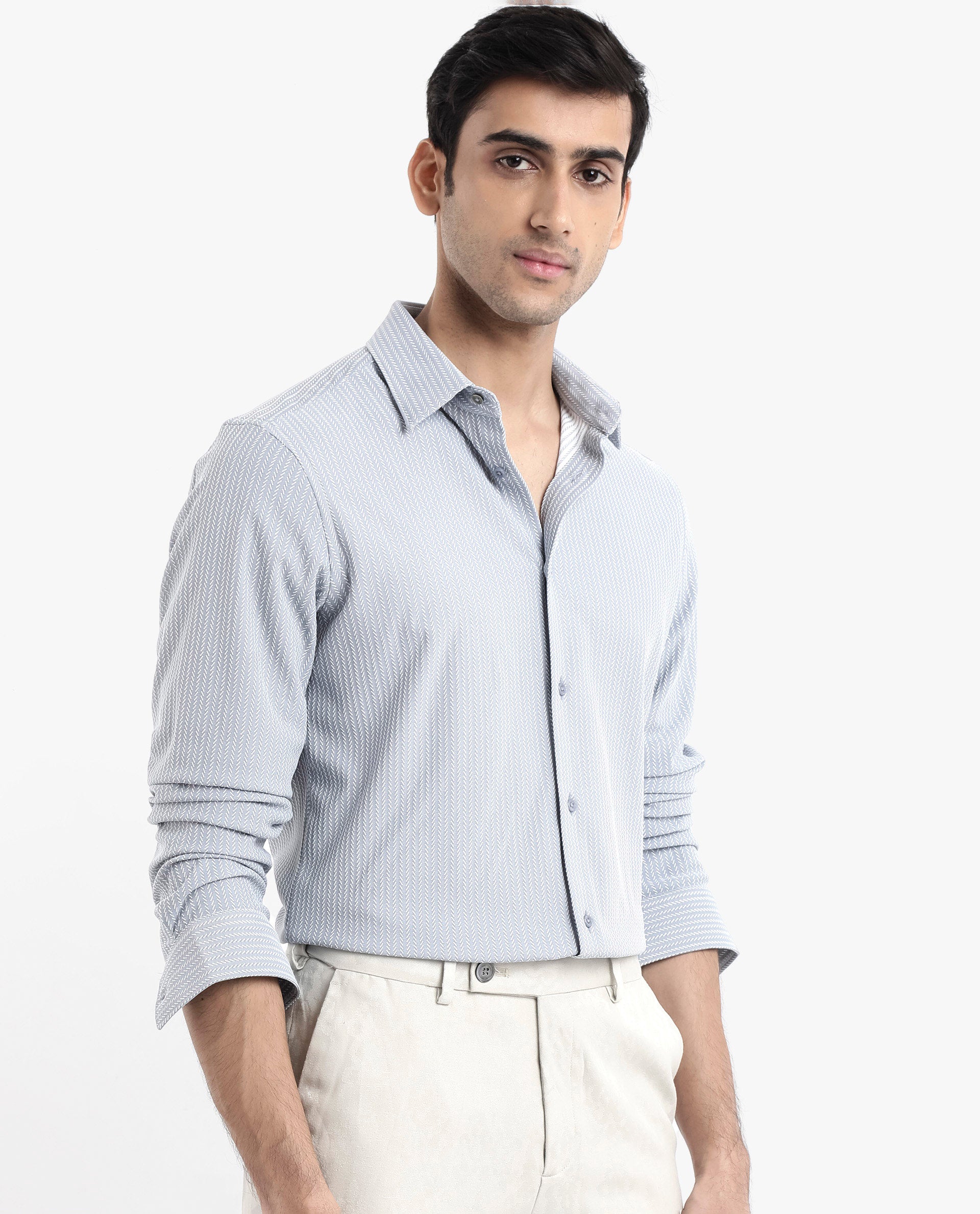 Rare Rabbit Men's Exclo Light Blue Polyester Fabric Full Sleeves Regular Fit Jacquard Knit Shirt