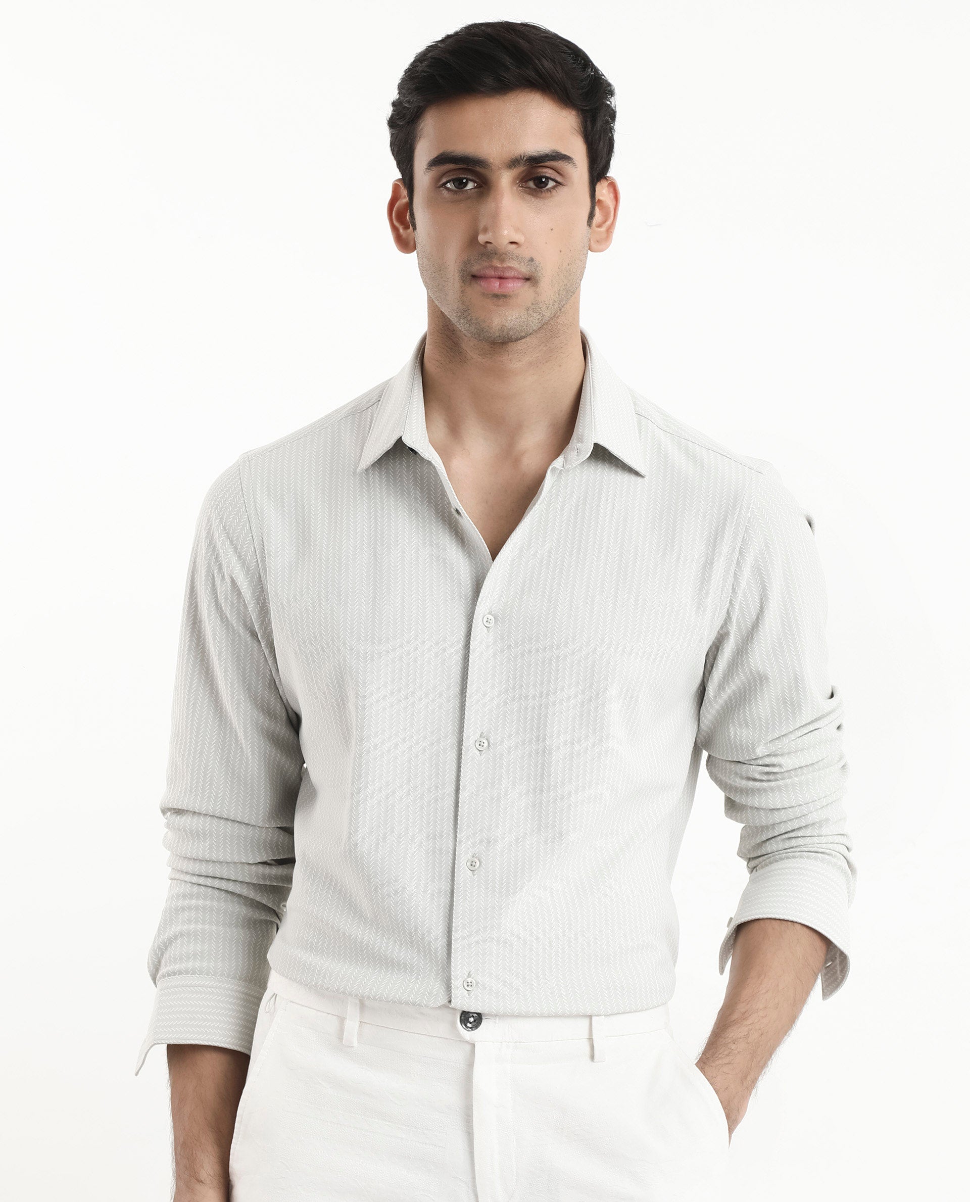 Rare Rabbit Men's Exclo Pastel Beige Polyester Fabric Full Sleeves Regular Fit Jacquard Knit Shirt