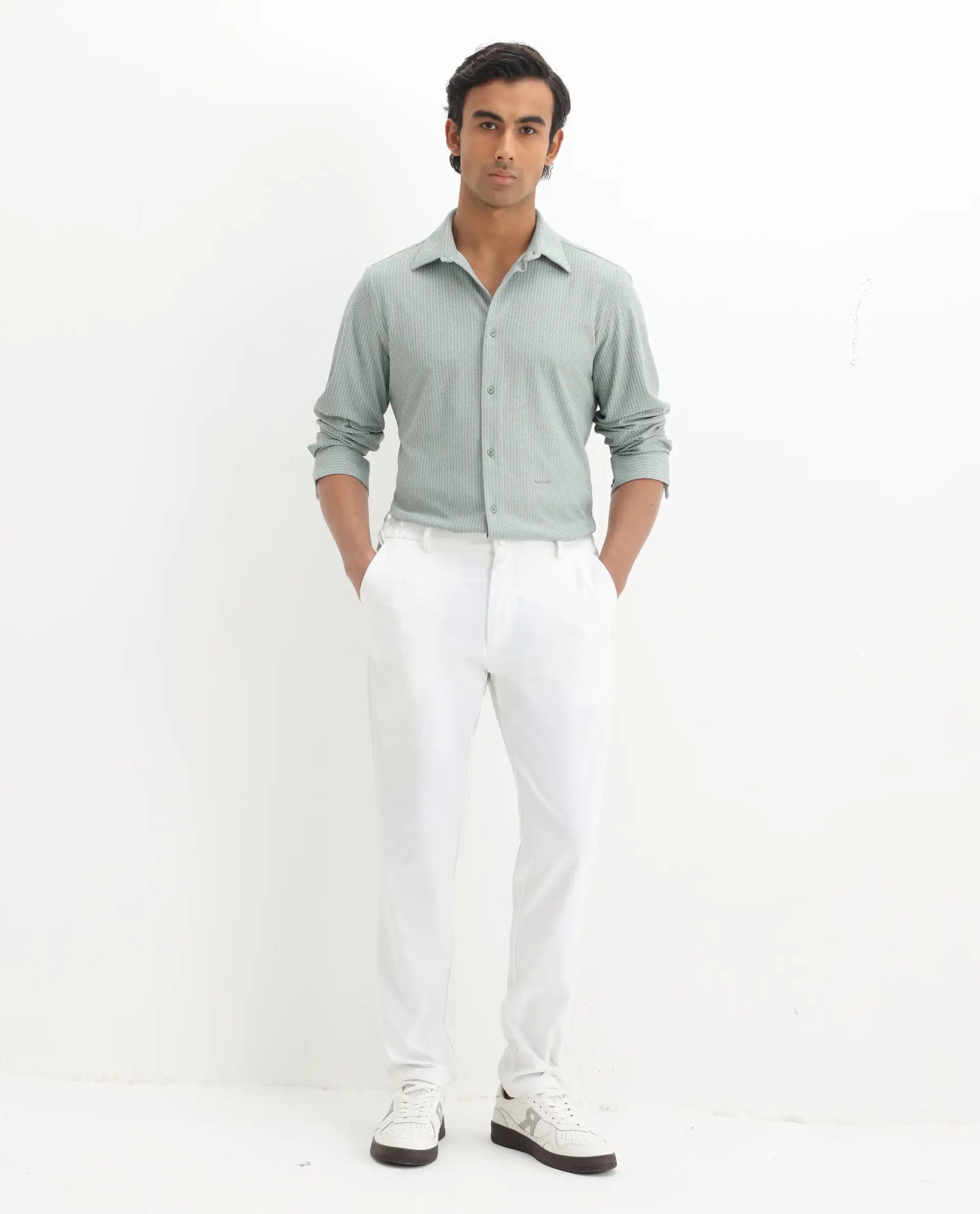 Rare Rabbit Men's Exclo Pastel Green Polyester Jacquard Regular Fit Full Sleeve Collared Shirt