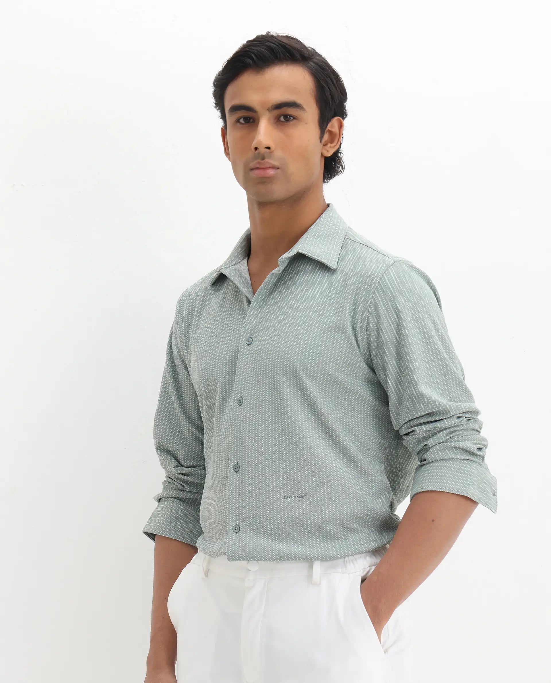 Rare Rabbit Men's Exclo Pastel Green Polyester Jacquard Regular Fit Full Sleeve Collared Shirt