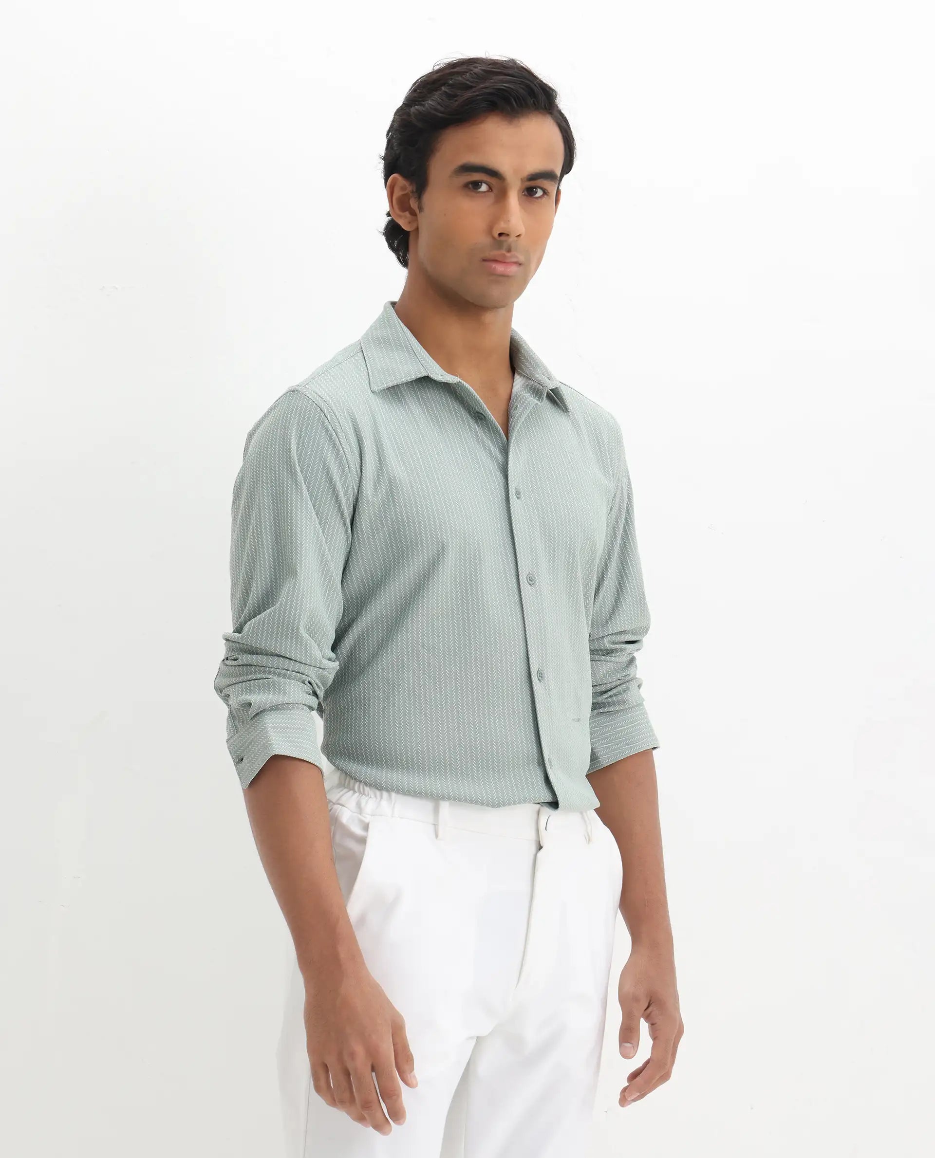 Rare Rabbit Men's Exclo Pastel Green Polyester Jacquard Regular Fit Full Sleeve Collared Shirt