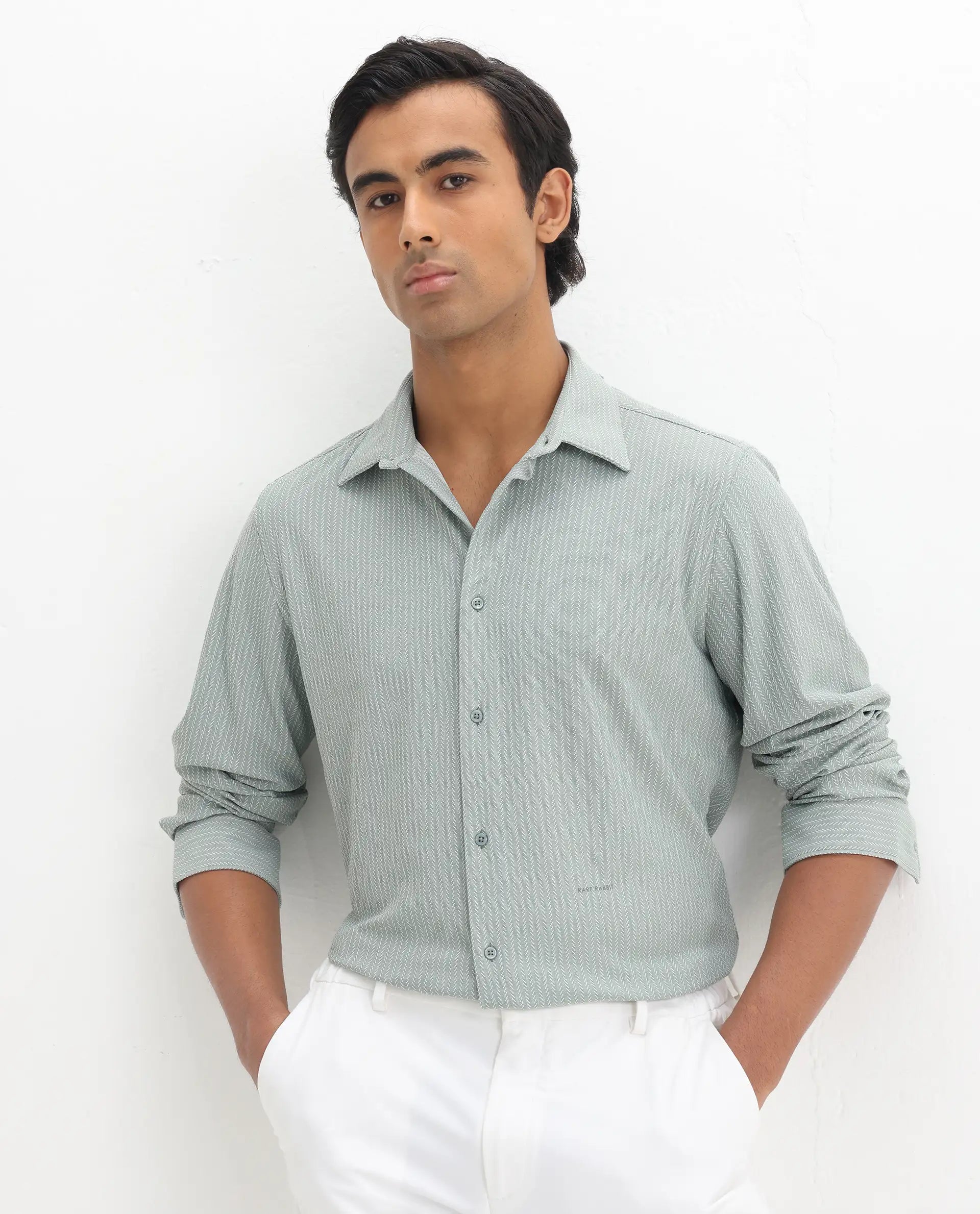 Rare Rabbit Men's Exclo Pastel Green Polyester Jacquard Regular Fit Full Sleeve Collared Shirt