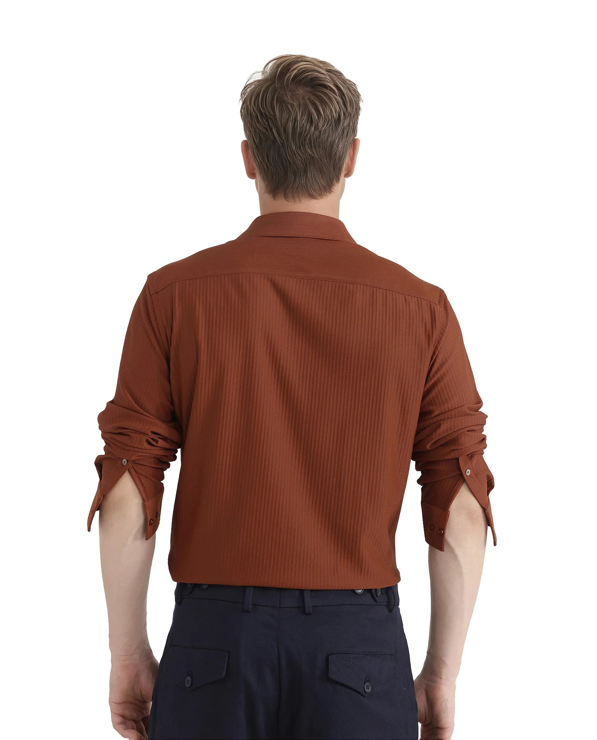 Rare Rabbit Men's Exclo Rust Polyester Fabric Full Sleeves Collared Neck Jacquard Knit Shirt